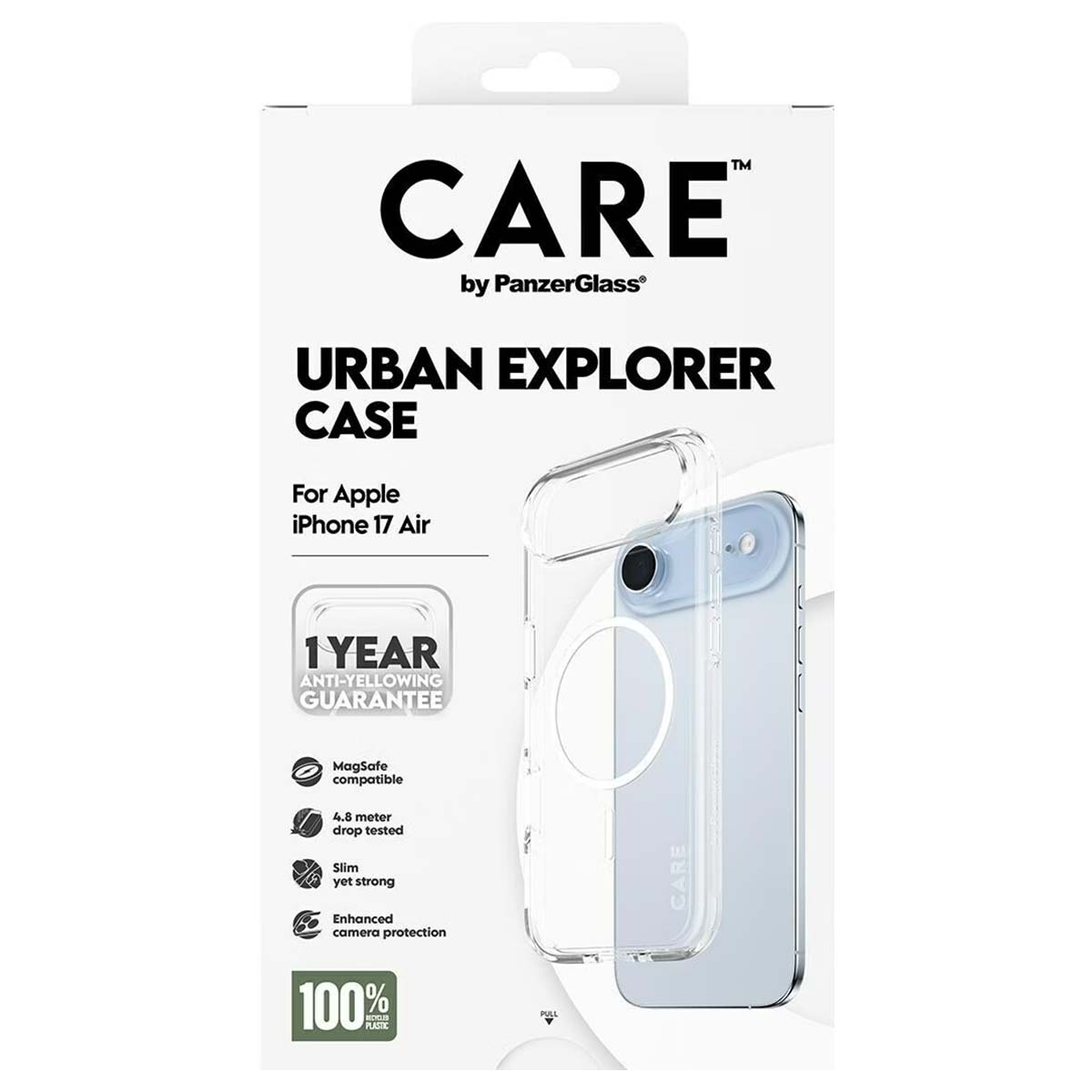 Bir telefon kılıfı kutusu. Kutu, içinde bir iPhone bulunan şeffaf bir telefon kılıfını gösterir. Metin "CARE" ve "URBAN EXPLORER CASE" içerir.