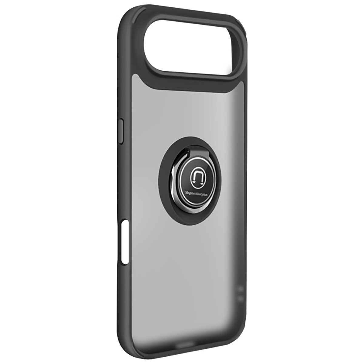 Een grijze telefoonhoes met een zwart frame en een ringhouder. De ringhouder is zilverkleurig met een zwart ontwerp.