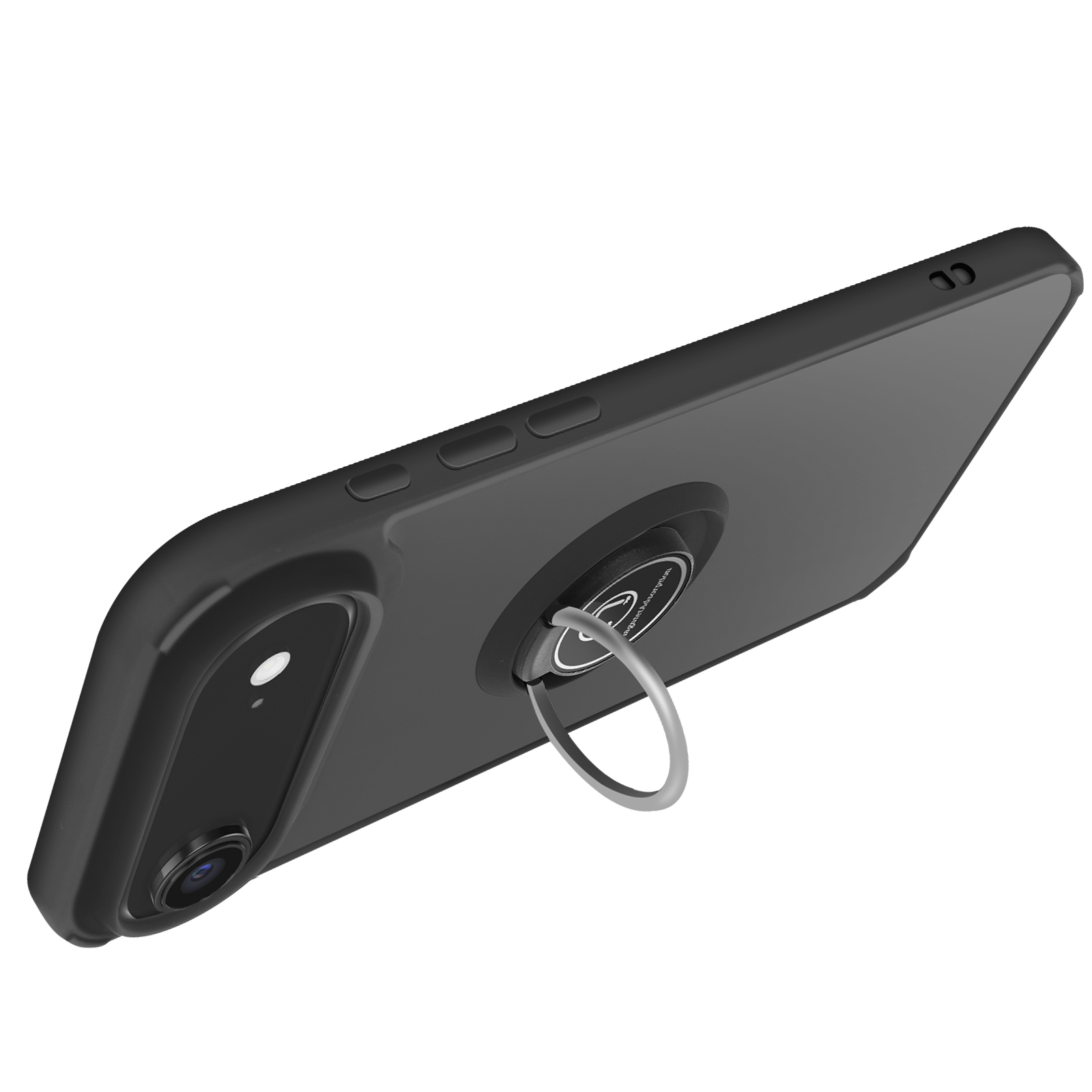 Zwarte telefoon met ringhouder, op wit oppervlak. Camera en knoppen zijn zichtbaar.
