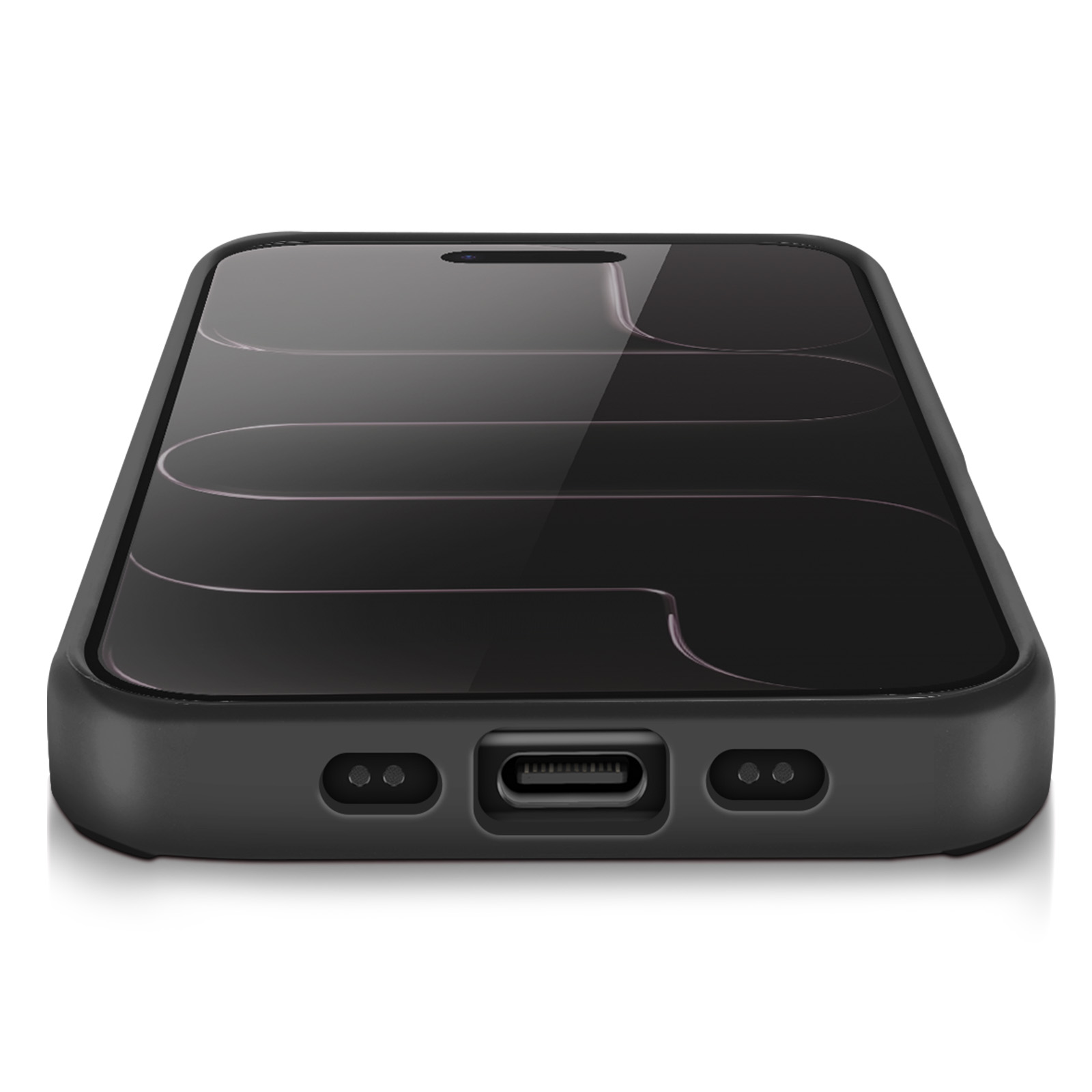 Een zwarte smartphone. Het scherm is zwart met een ontwerp. De onderkant toont een oplaadpoort en gaten.