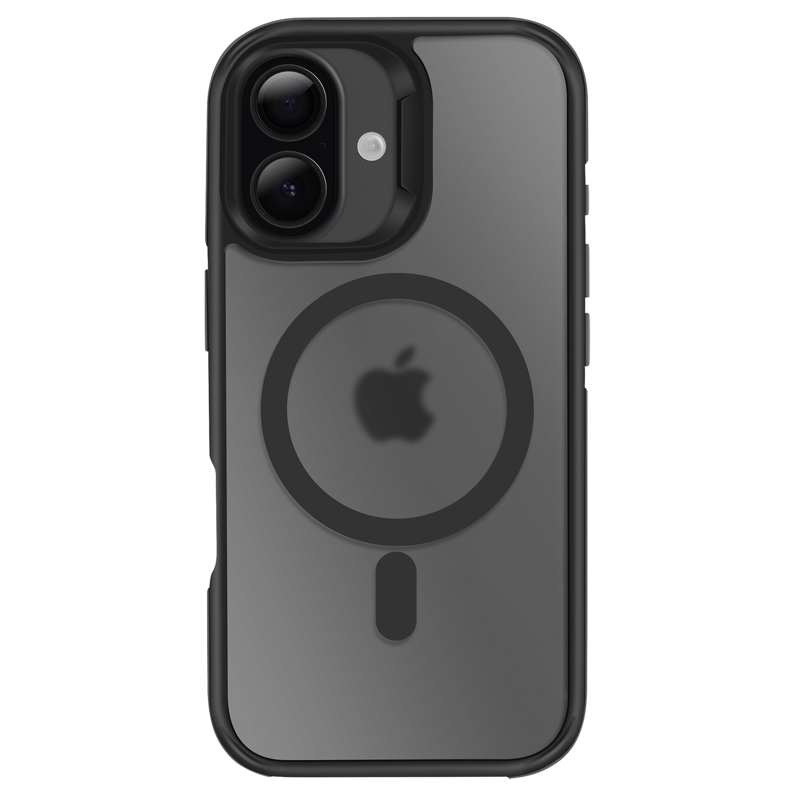 Custodia nera per telefono con fori per fotocamera, logo Apple e anello magnetico. La custodia ha un retro grigio scuro con bordi neri.