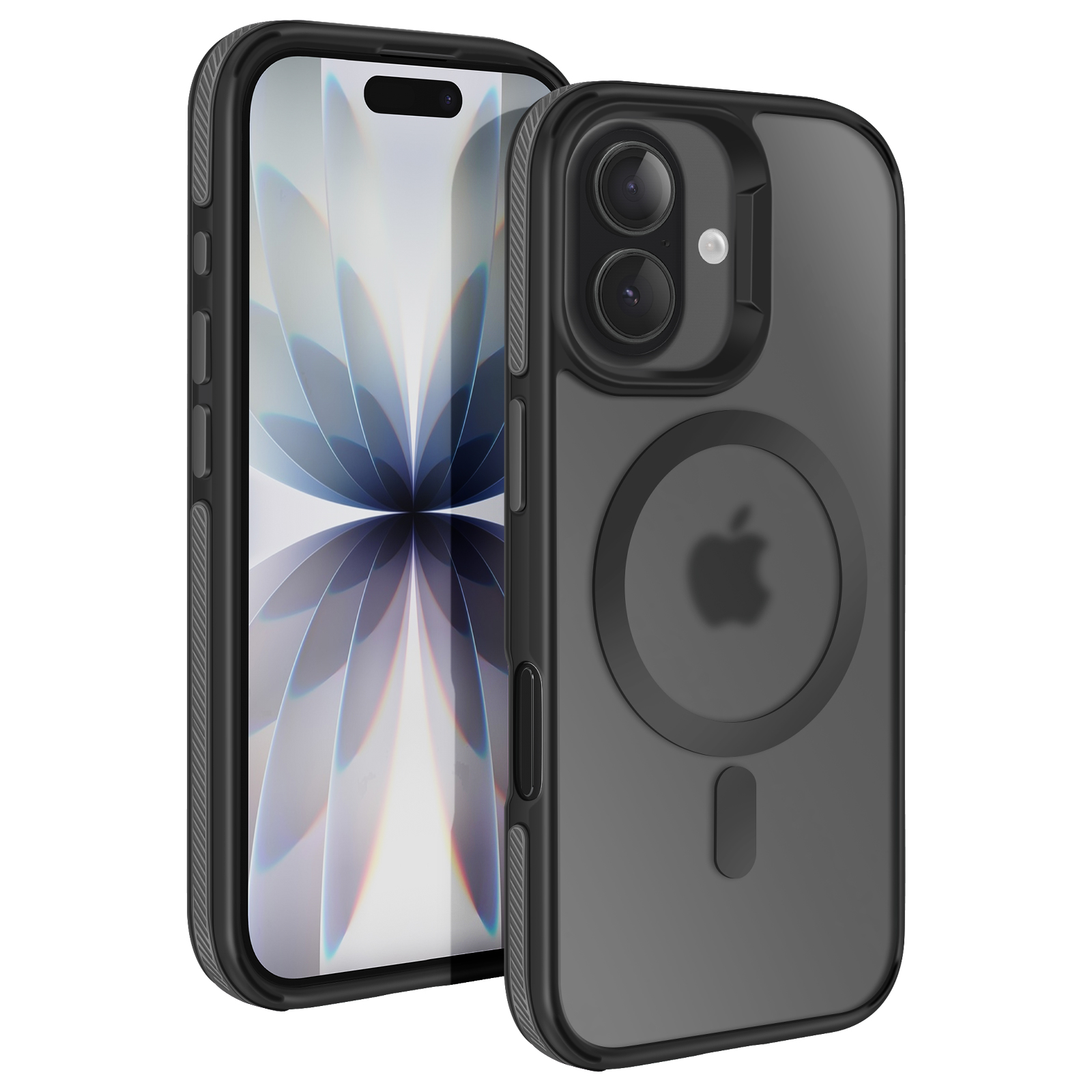 Due custodie nere per iPhone. Una con schermo visibile, l'altra mostra il retro. Logo Apple sulla custodia. Sfondo bianco.