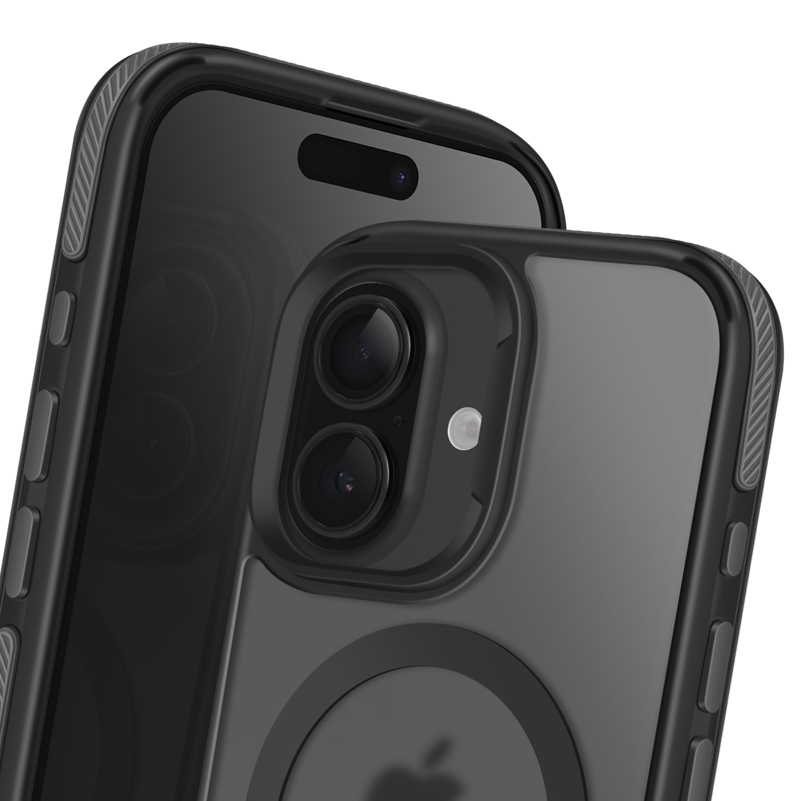 Due custodie nere per iPhone sono impilate. Sono visibili le lenti della fotocamera e i pulsanti. Una ha un logo Apple.