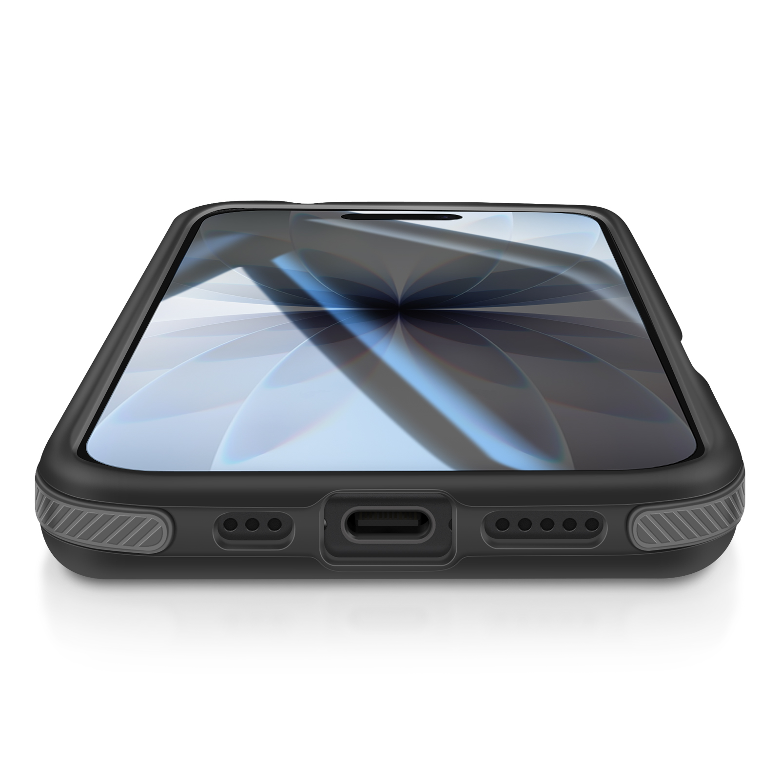 Uno smartphone nero in una custodia. Lo schermo mostra un motivo astratto sfocato. Il telefono è su una superficie bianca.