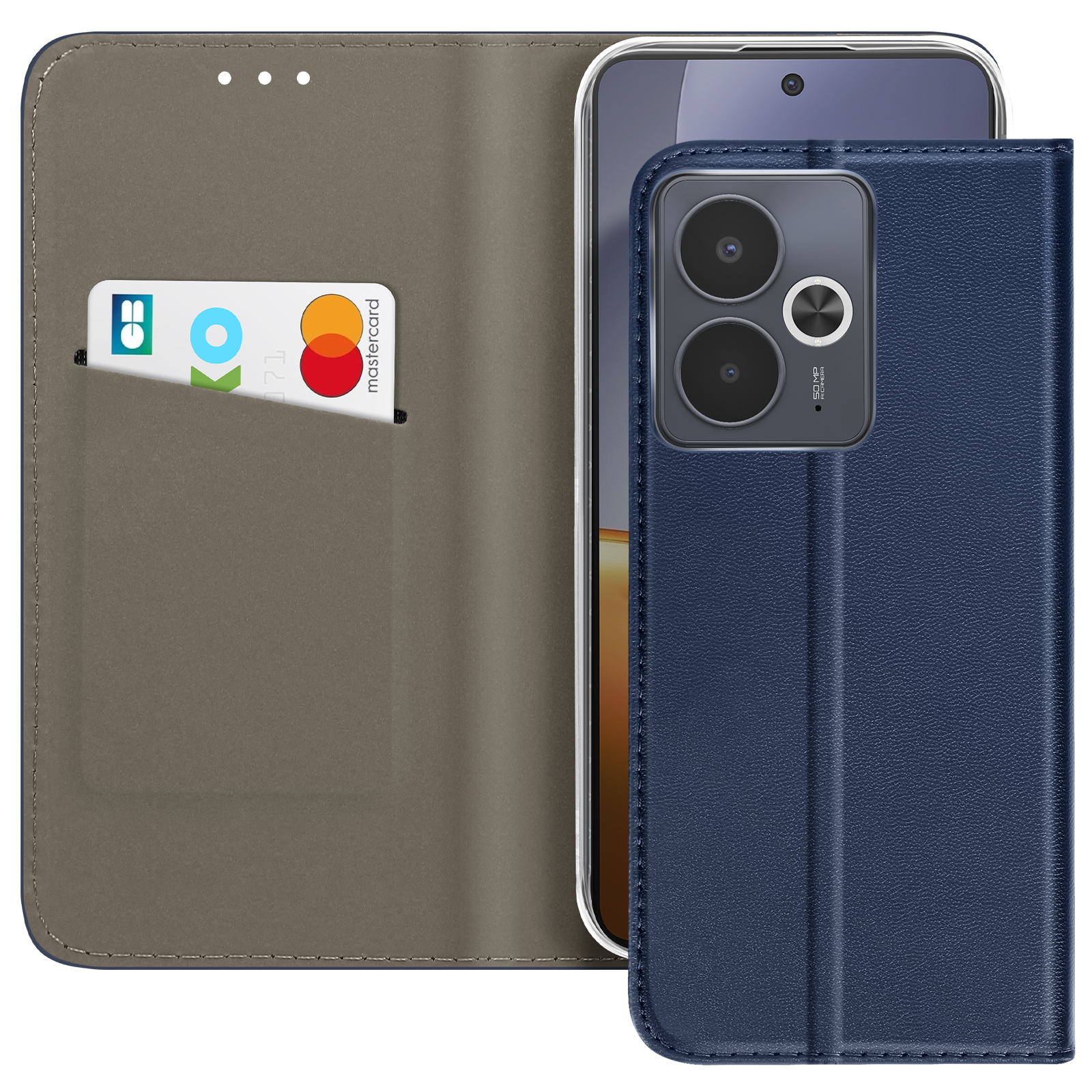 Una custodia blu per telefono con un telefono all'interno. Una carta di credito è nella custodia. Il telefono ha due fotocamere.
