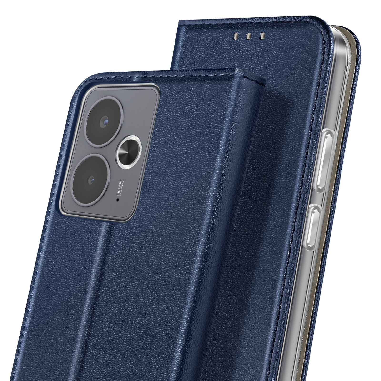 Una custodia blu per telefono con modulo fotocamera è aperta. La custodia ha una texture in pelle. Il lato del telefono con i pulsanti è visibile.