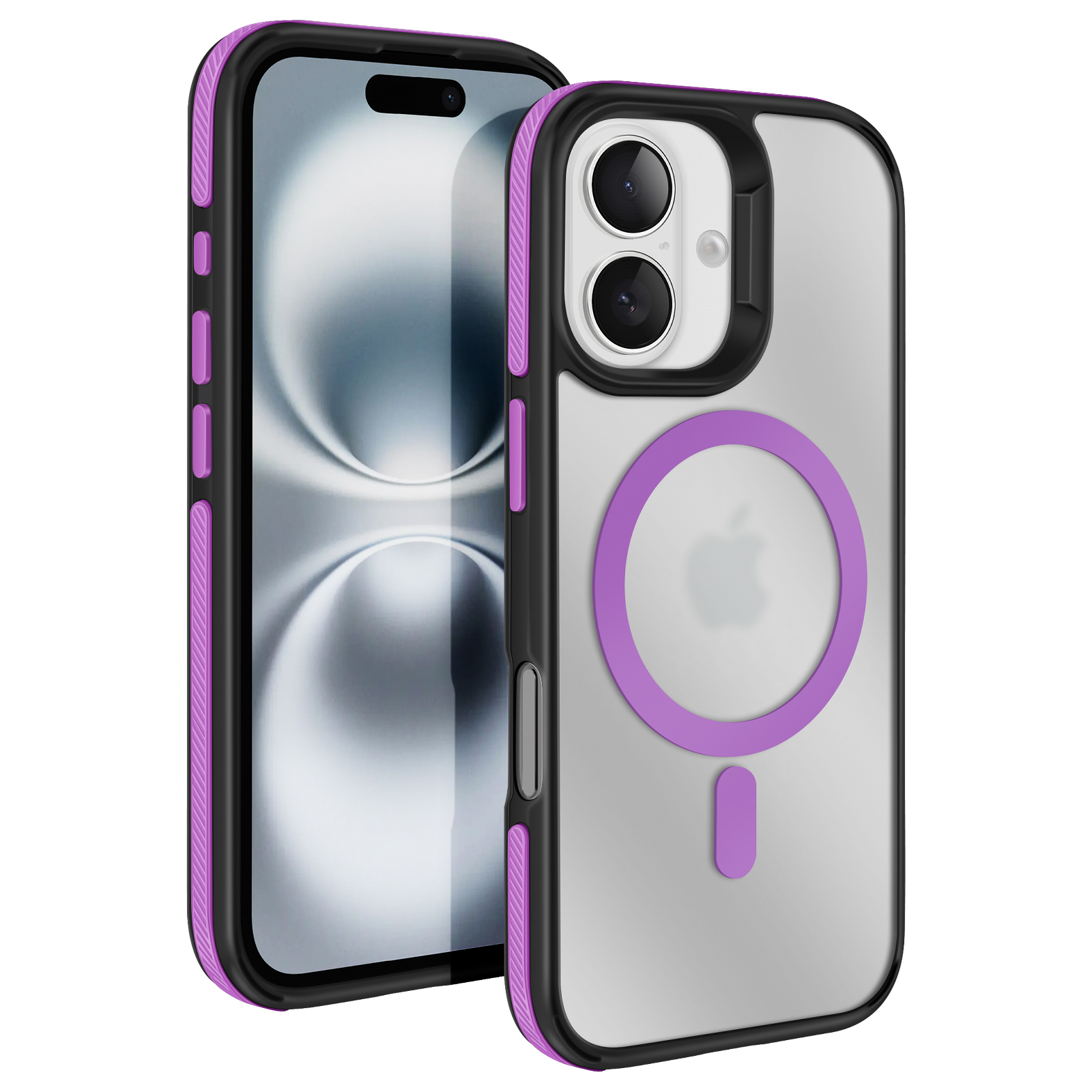 Una custodia trasparente per iPhone con bordi neri e dettagli viola. Ha un anello viola e un rettangolo viola sul retro.