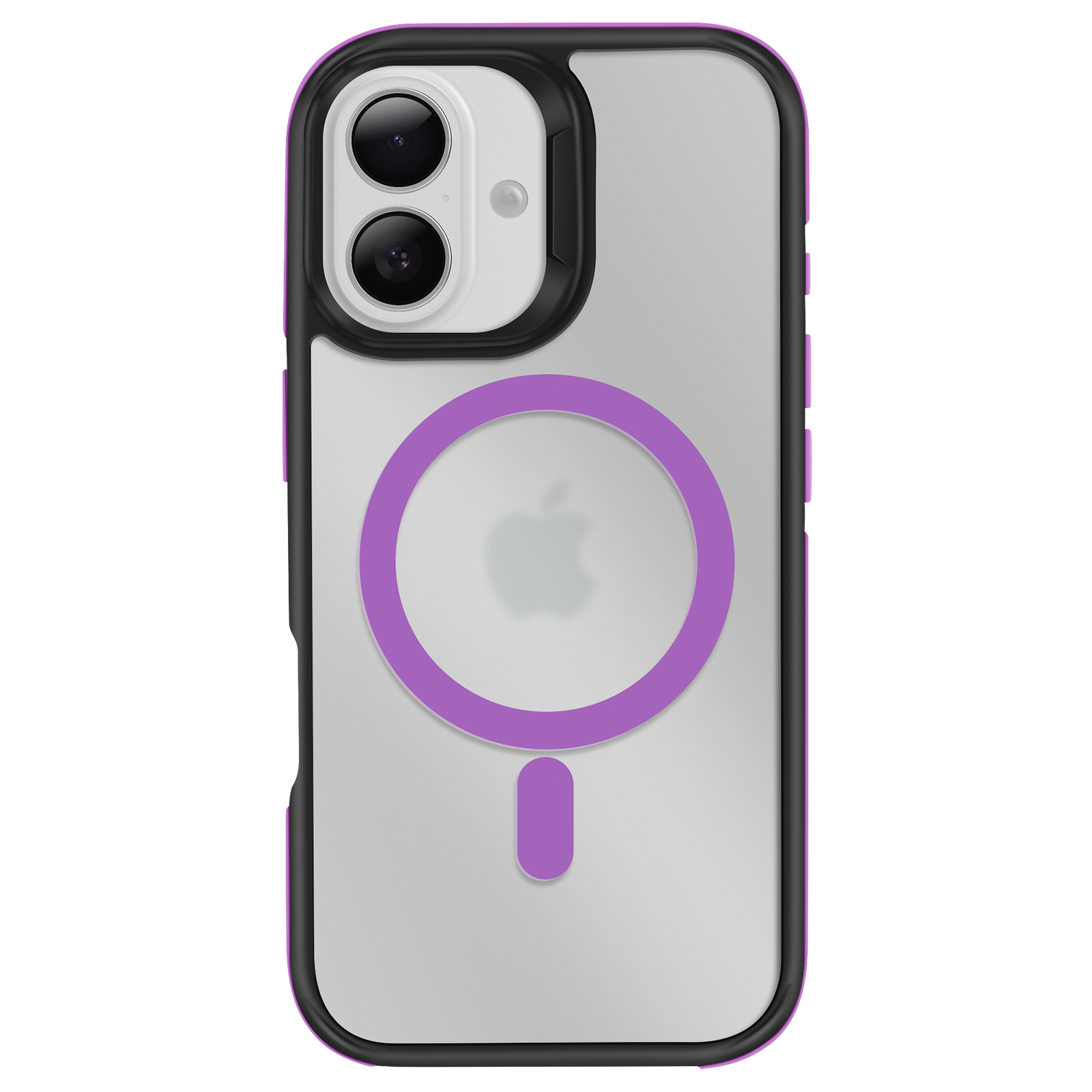 Custodia trasparente con dettagli viola. Foro per doppia fotocamera, cerchio viola con logo Apple e dettagli viola sui lati.