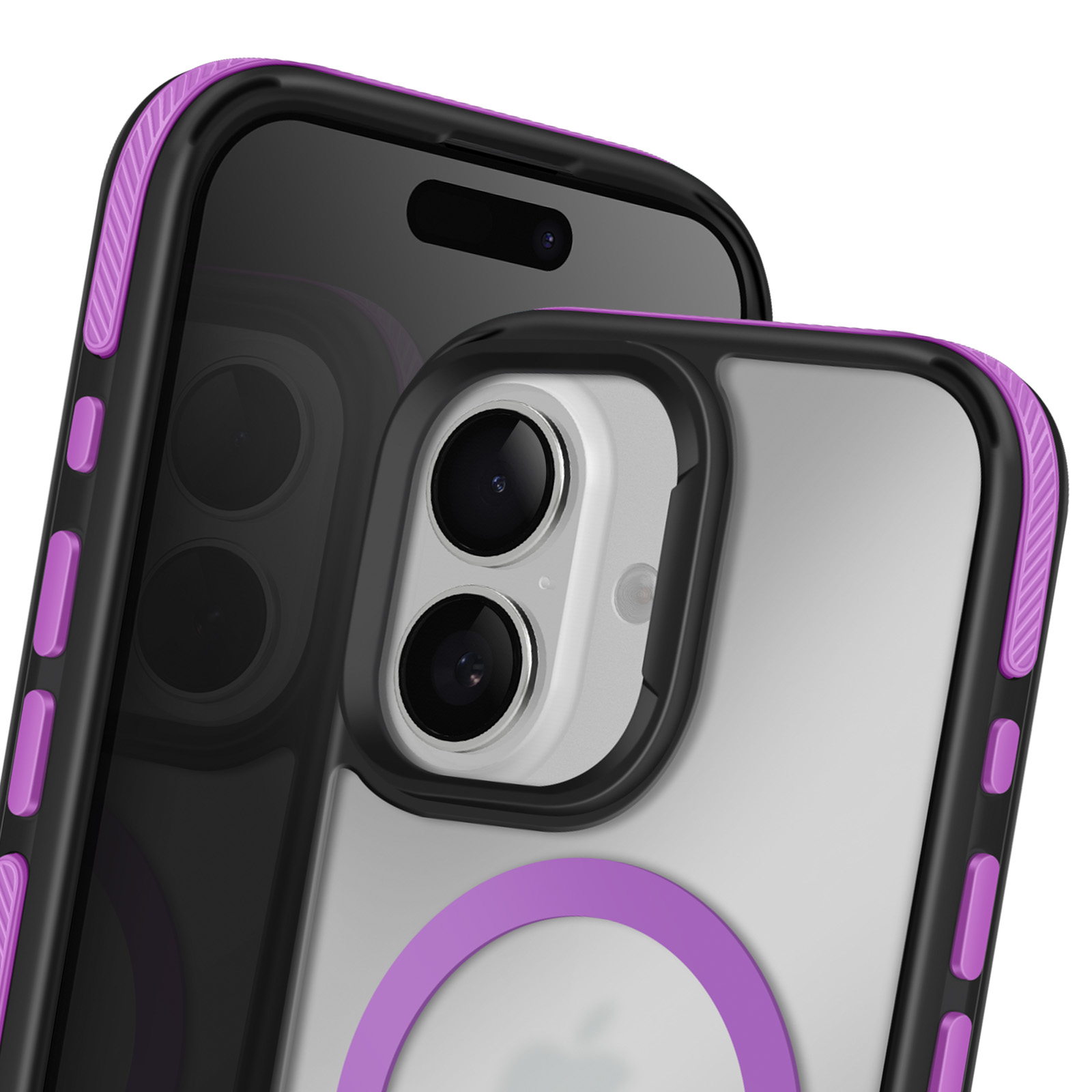 Due telefoni in custodie. Custodie nere con accenti viola. Una custodia ha un anello viola. Telefoni su sfondo bianco.