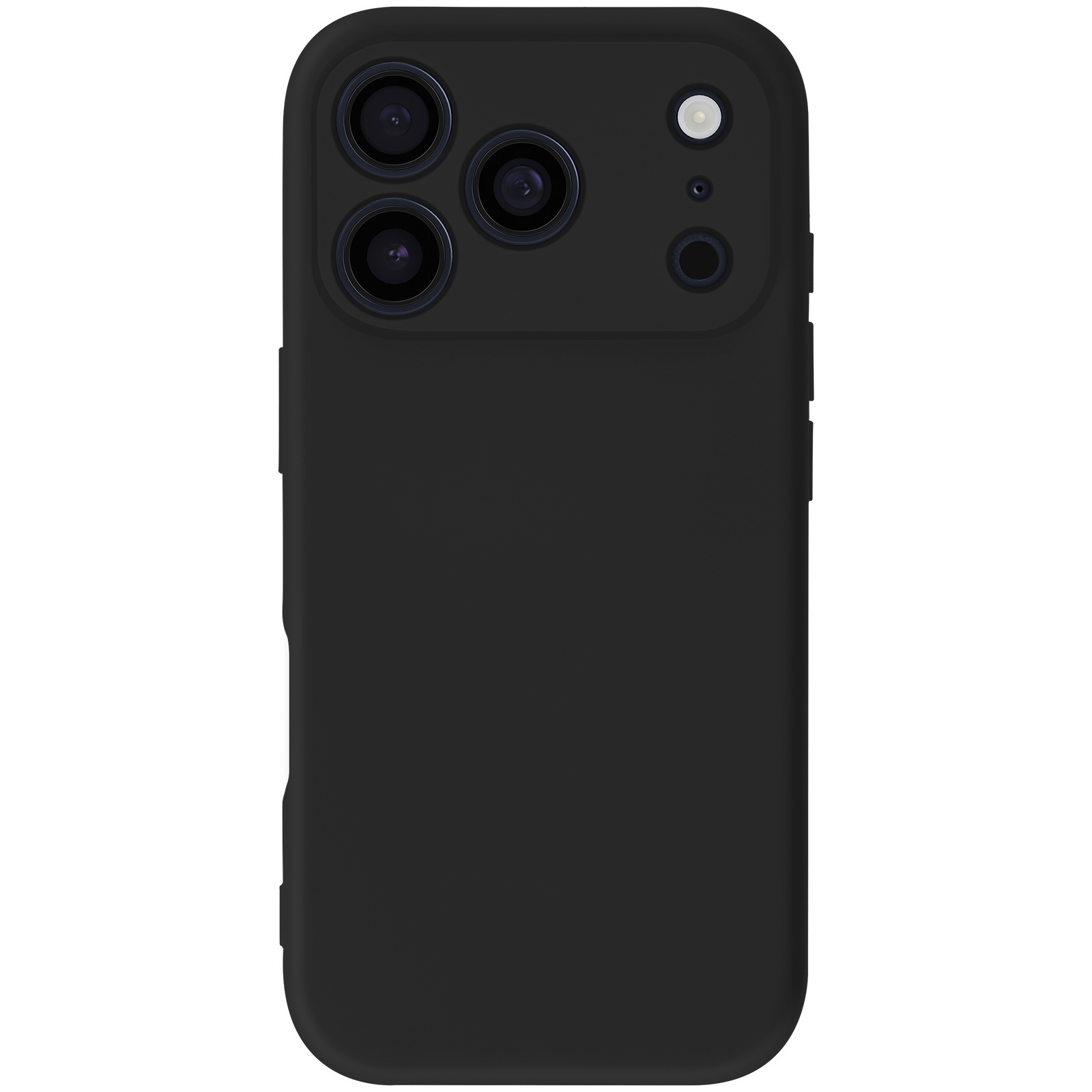 Zwarte telefoonhoes met cameramodule. Het heeft drie lenzen, een flitser en een microfoon. De hoes staat tegen een witte achtergrond.