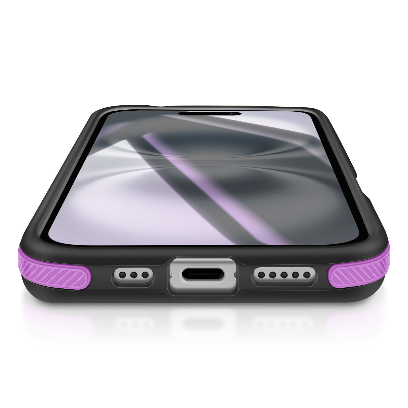 Uno smartphone in una custodia nera con dettagli viola. Lo schermo riflette un design viola e grigio. Sfondo bianco.