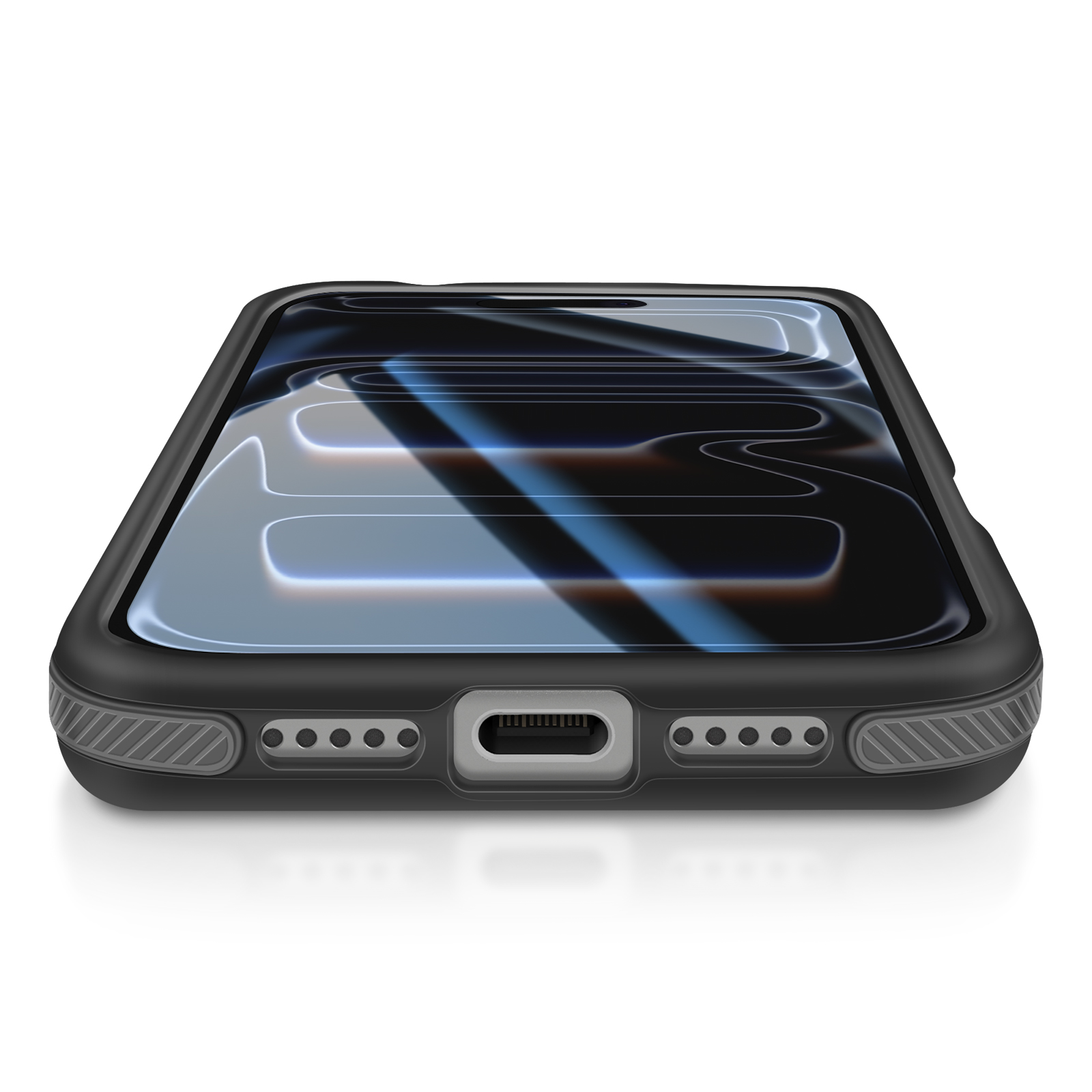 Primo piano di un telefono nero in una custodia. Lo schermo mostra motivi astratti. Il bordo inferiore ha porte e altoparlanti.