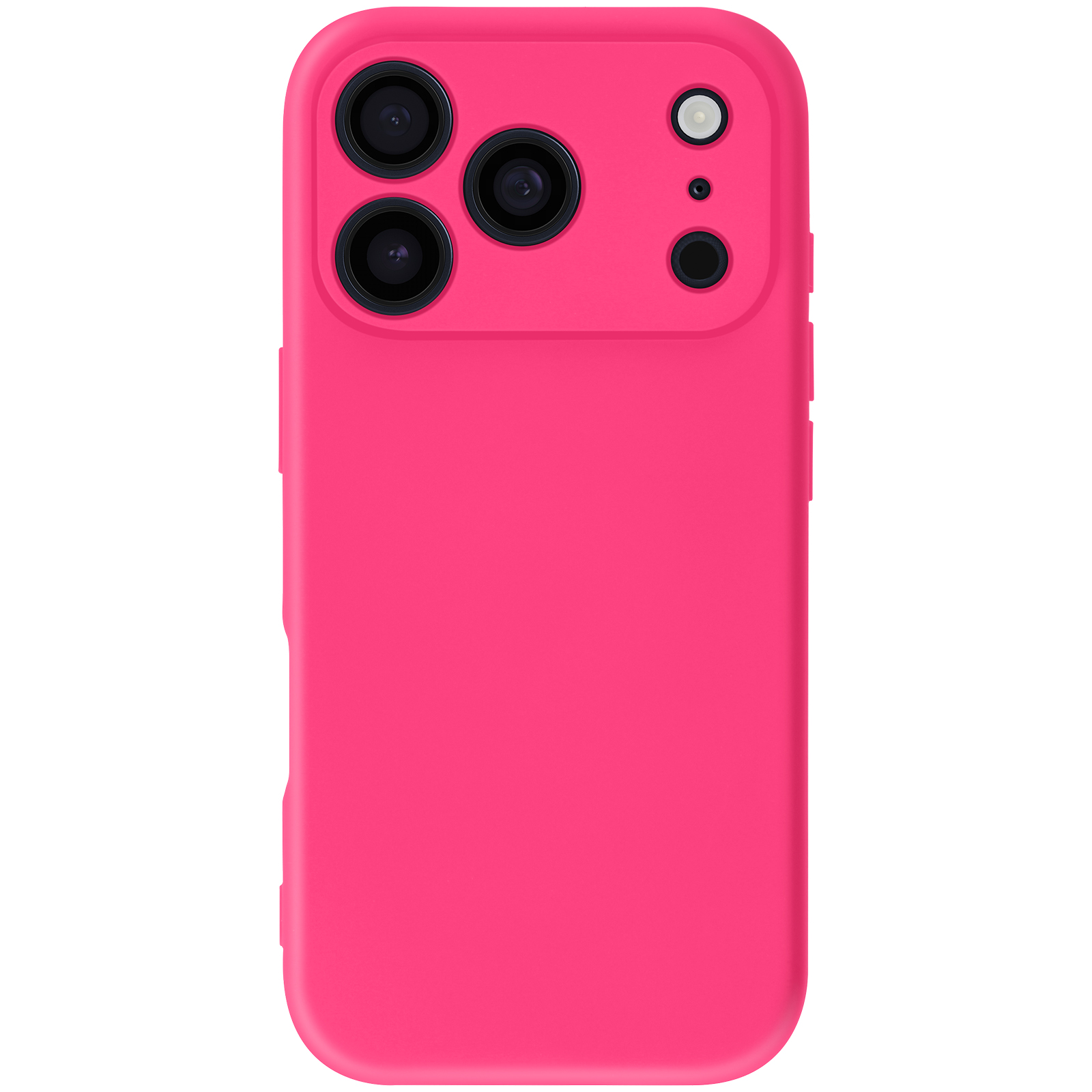 Een roze telefoonhoesje met vier cameralenzen en een flitser op een witte achtergrond.