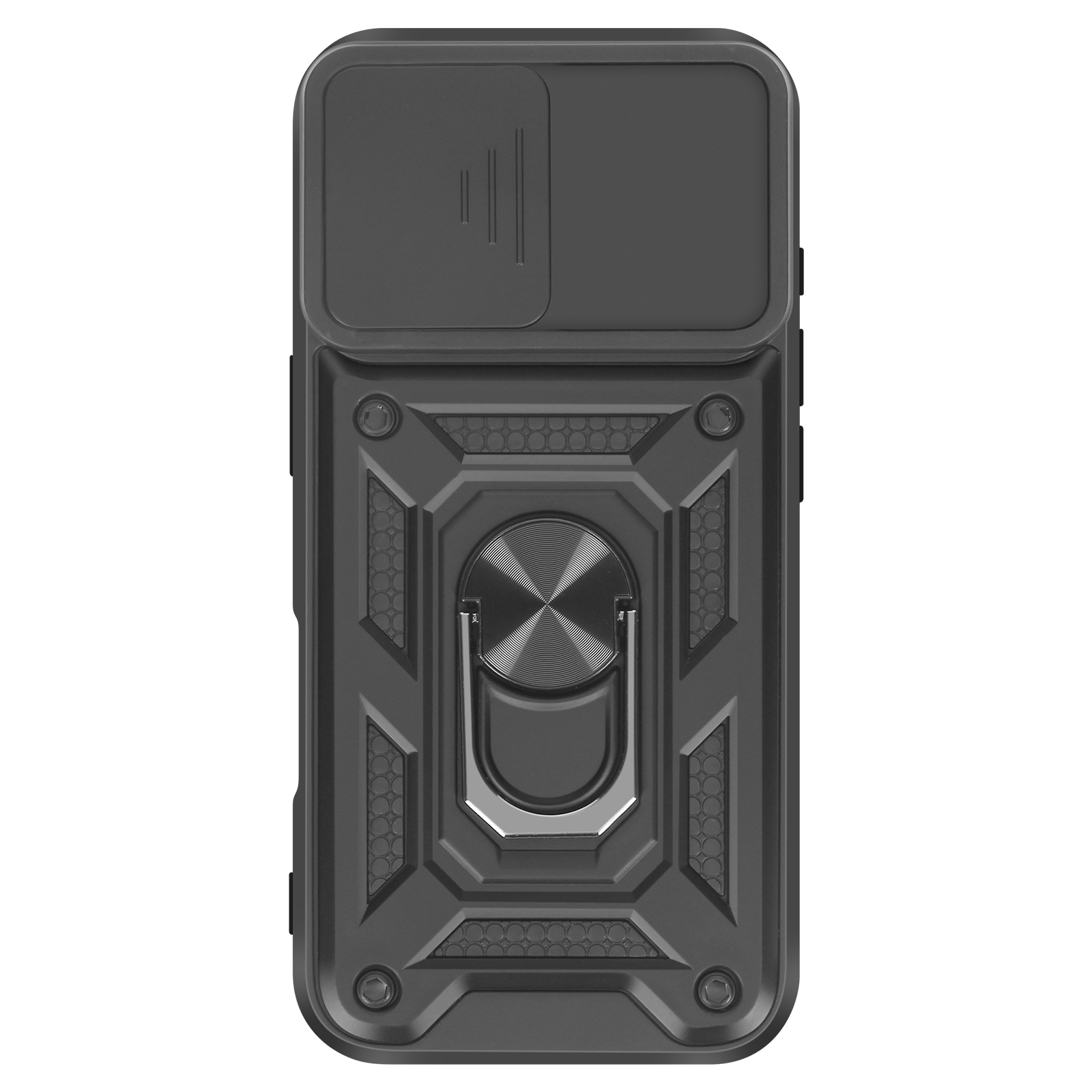 Una custodia grigia per telefono con copertura fotocamera, supporto ad anello e design geometrico.