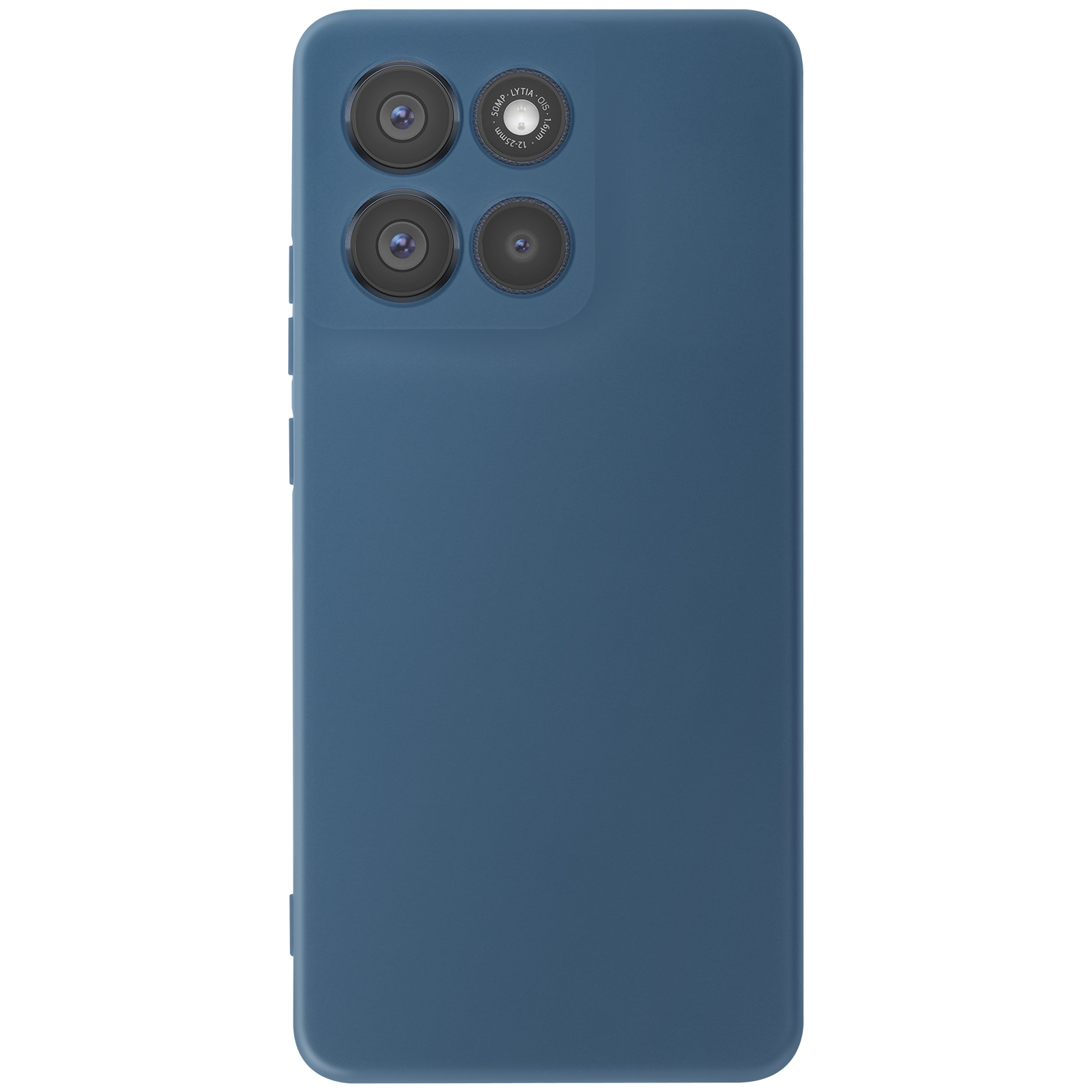 Dos de smartphone bleu avec quatre objectifs et un flash. Le téléphone est sur fond blanc.