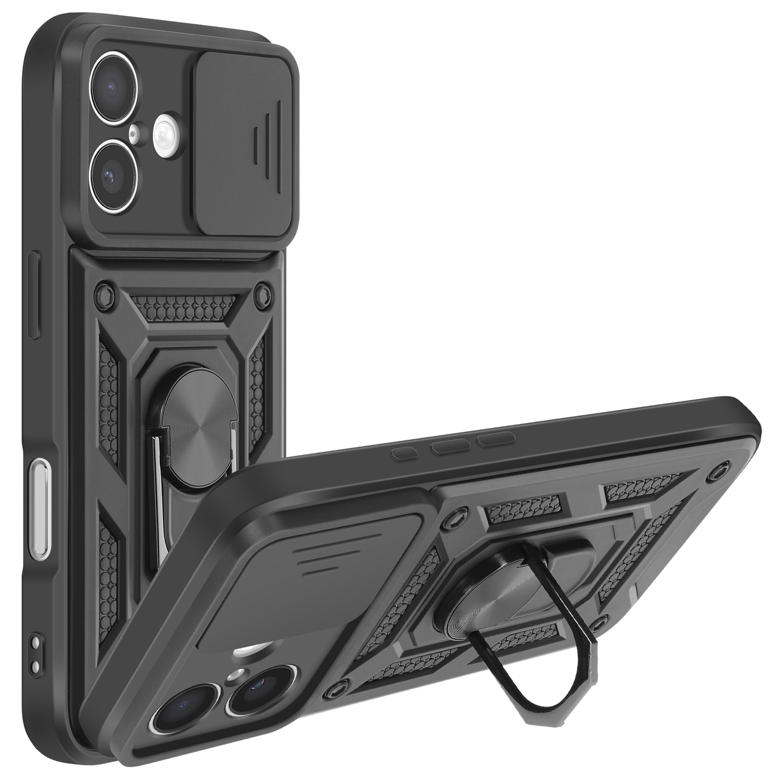 Custodia nera per telefono con protezione fotocamera e supporto ad anello. Include copertura scorrevole e design strutturato.