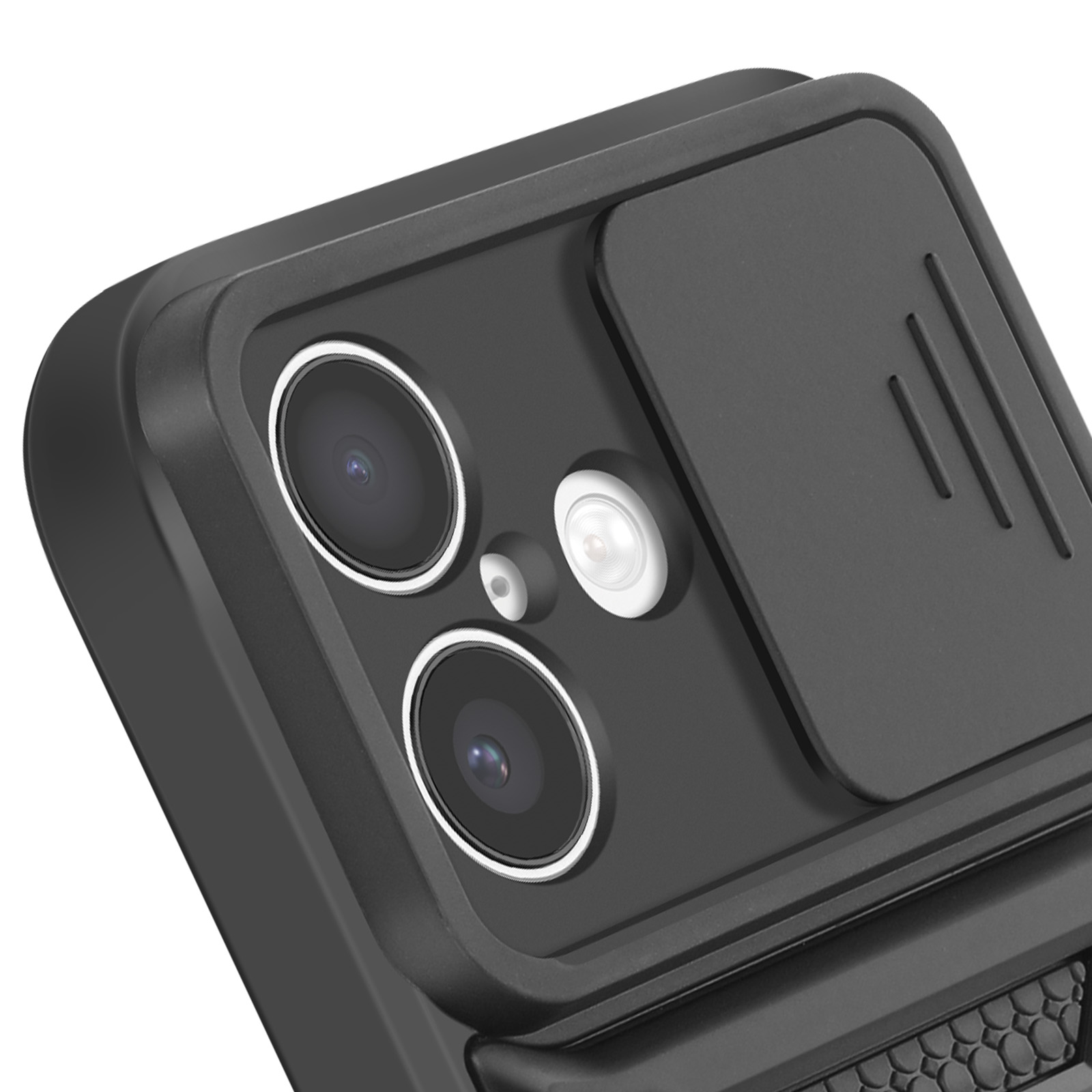 Primo piano di una custodia nera per telefono con tre obiettivi e una copertura scorrevole. La custodia è strutturata.