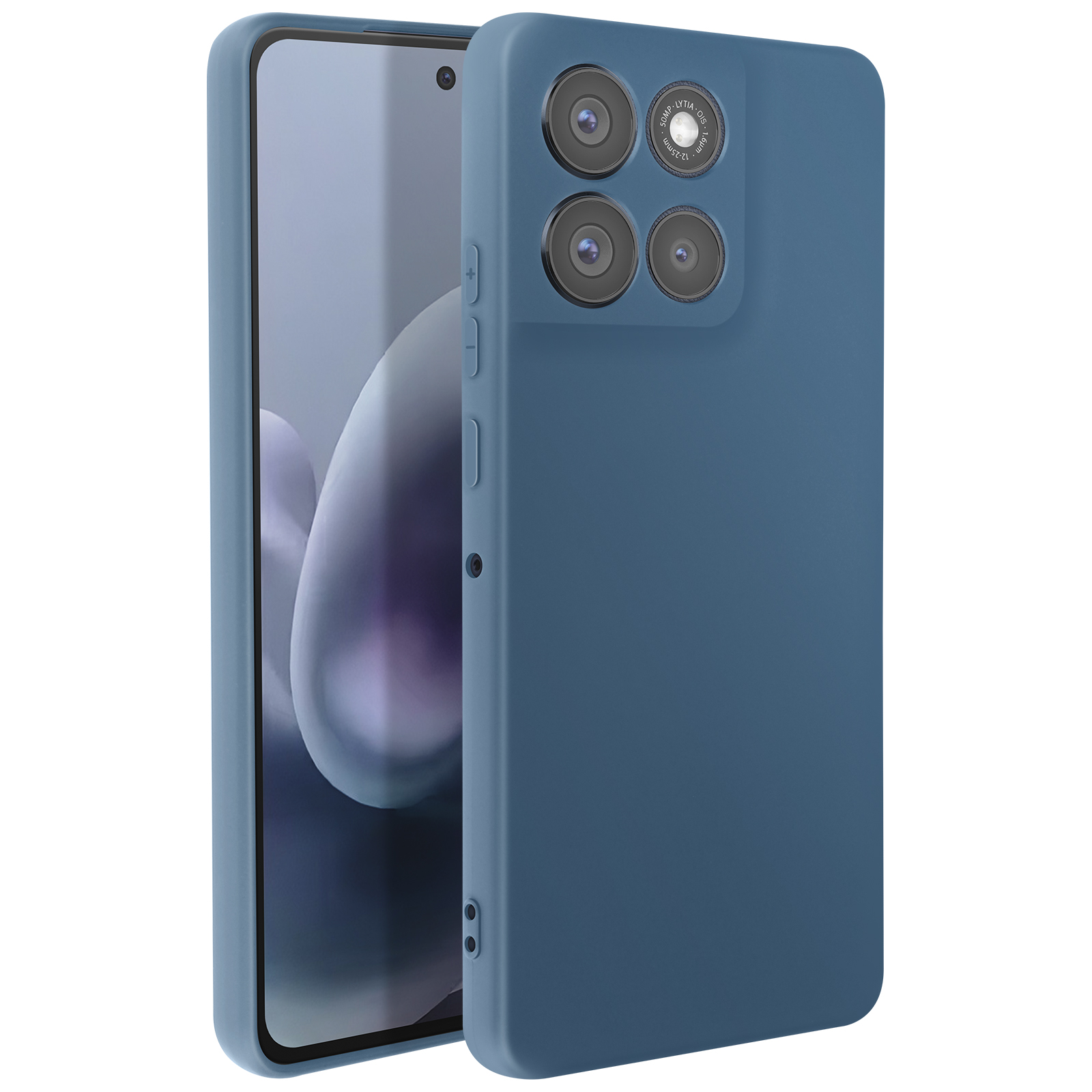 Un téléphone bleu avec un étui assorti. L'étui a des lentilles de caméra et des boutons. L'écran du téléphone est visible.