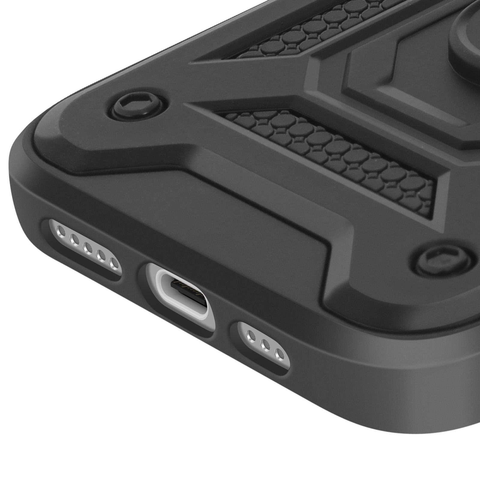 Angolo di custodia per telefono nero con porta, fori per altoparlanti e design strutturato. Sfondo bianco.