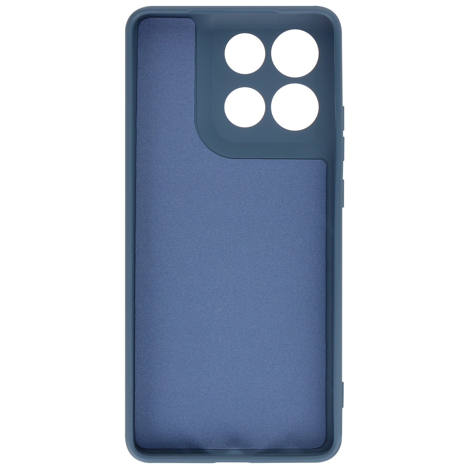 Coque de téléphone bleue avec découpes caméra. Intérieur texturé et extérieur lisse. Fond blanc.