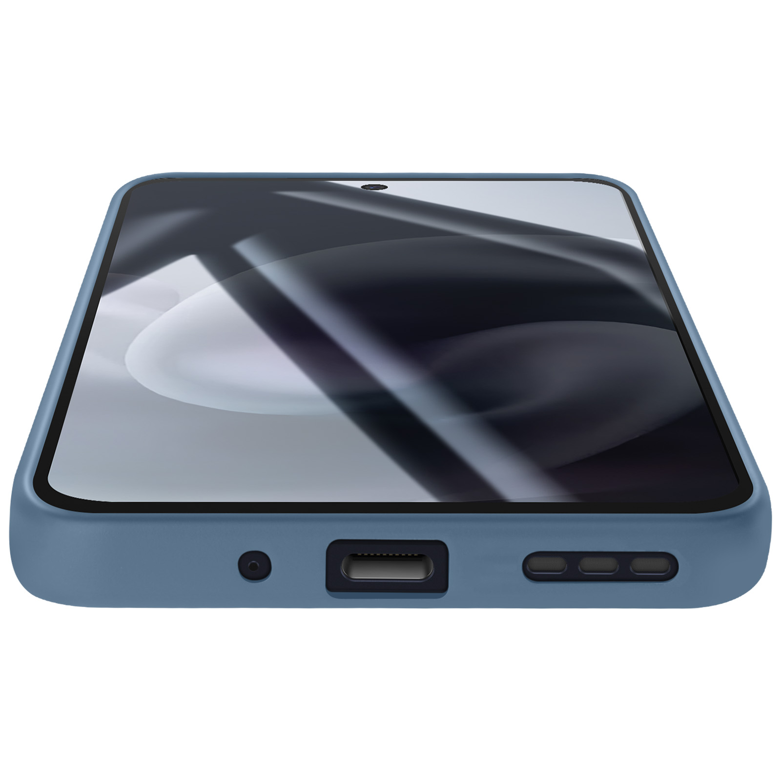 Téléphone bleu sur fond blanc. L'écran a un design noir et blanc. Comprend port de charge et haut-parleurs.