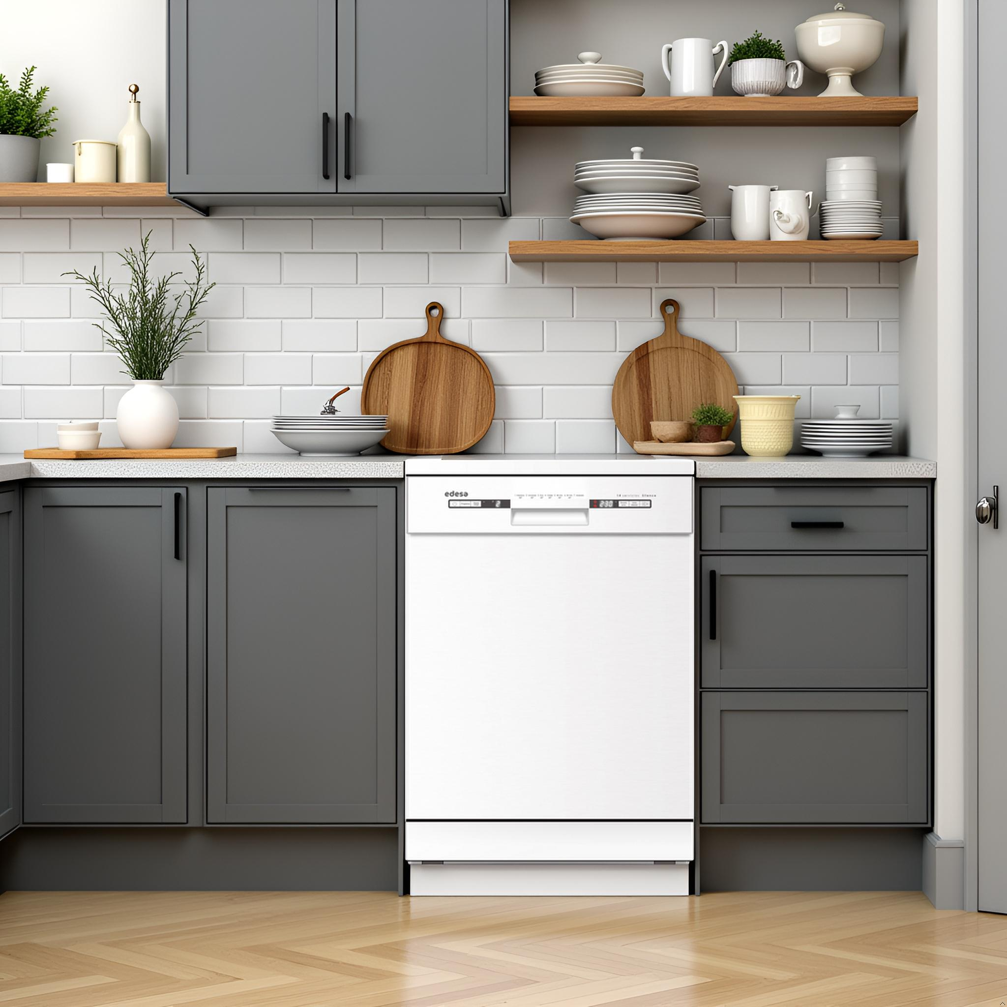 Interior de cocina con lavavajillas blanco, armarios grises, estantes de madera con platos y pared de ladrillos blancos.