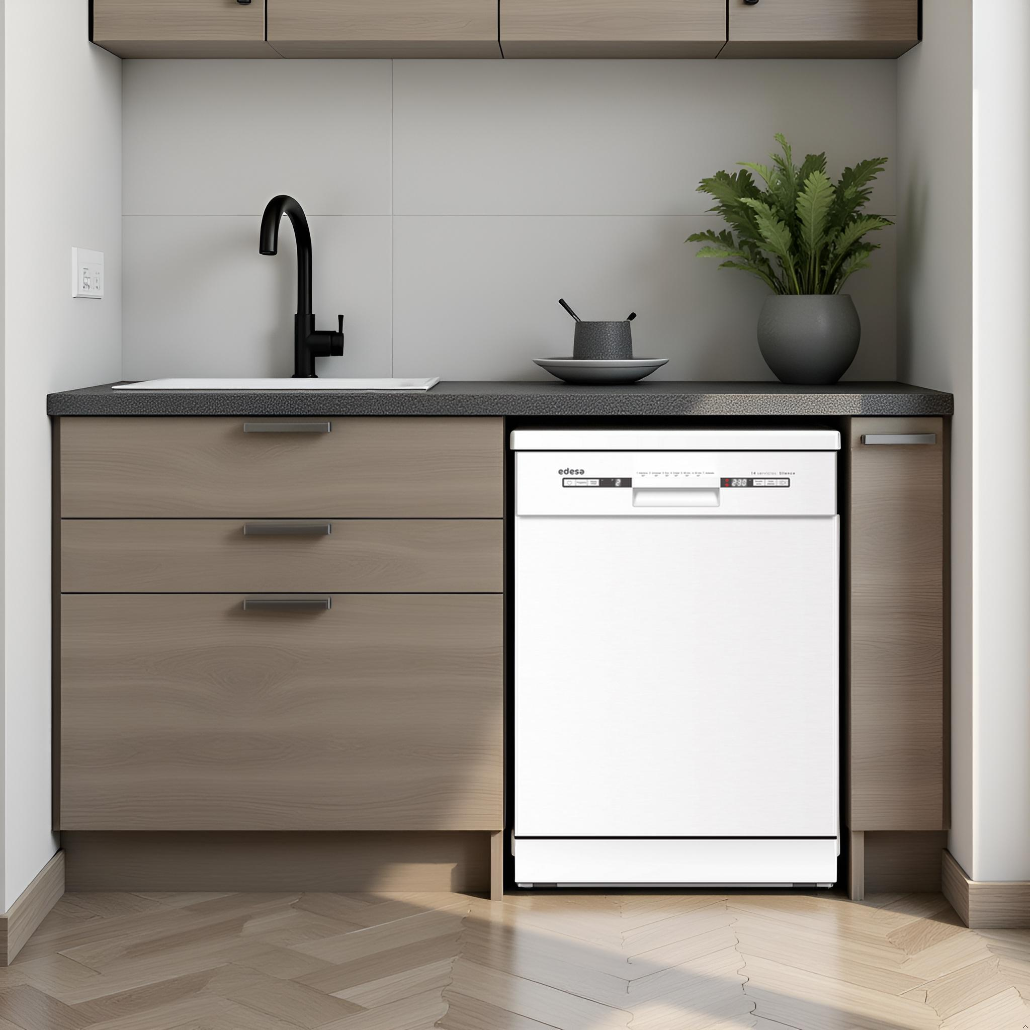Interior de cocina con lavavajillas blanco, grifo negro, gabinetes de madera y planta en maceta gris.