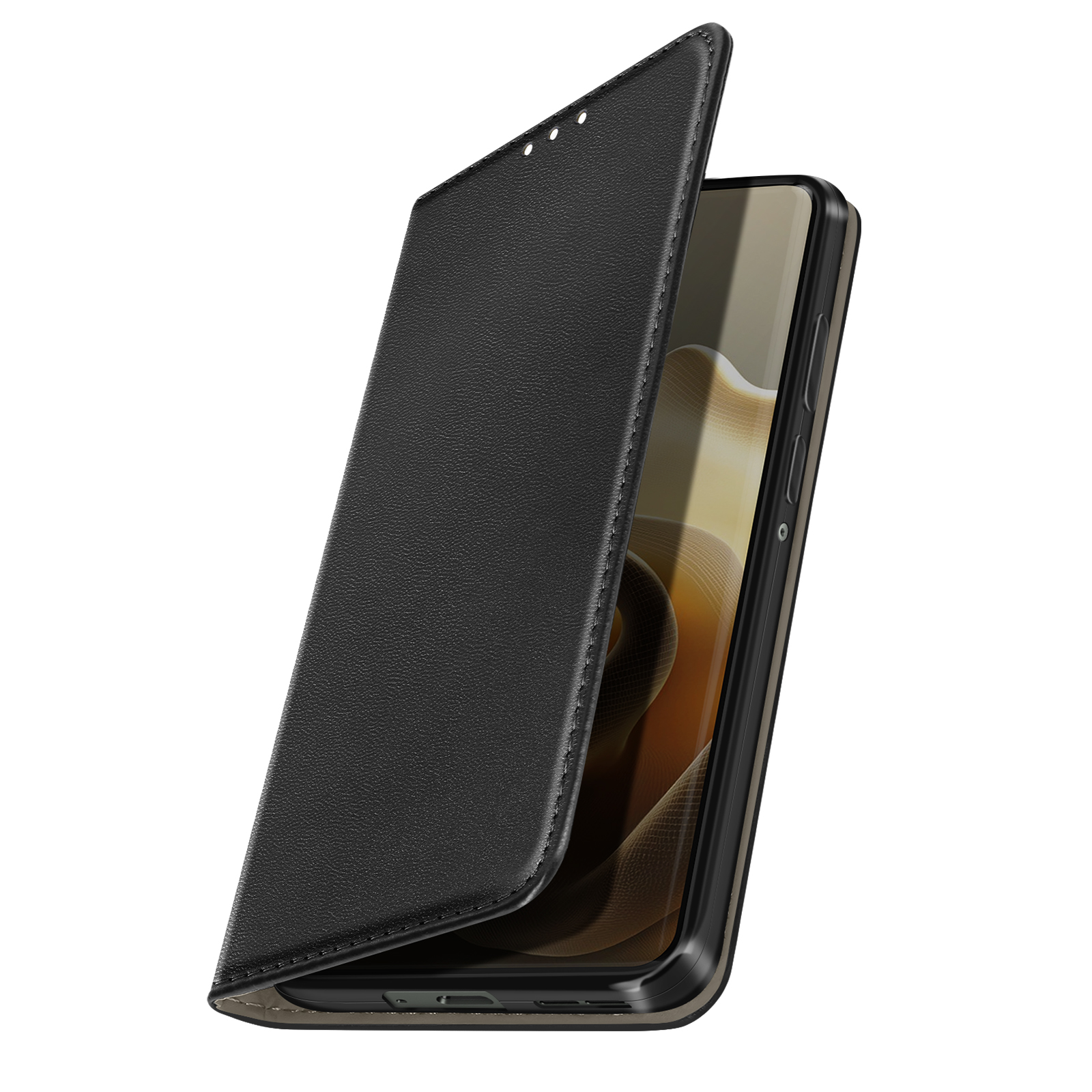 Étui de téléphone en cuir noir, partiellement ouvert, révélant l'écran du smartphone. Fond blanc.