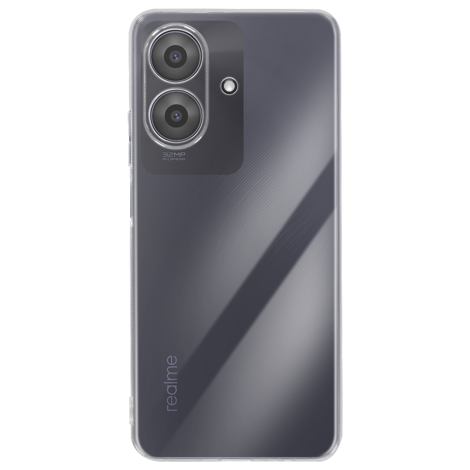 Uno smartphone in una custodia trasparente. La vista posteriore mostra due obiettivi, un flash e il logo Realme.