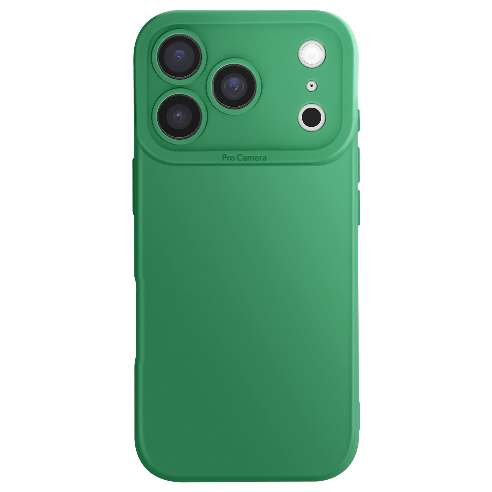 Un étui de téléphone vert avec des découpes pour l'appareil photo est montré. Le système de caméra a quatre lentilles et un flash. Le fond est blanc.