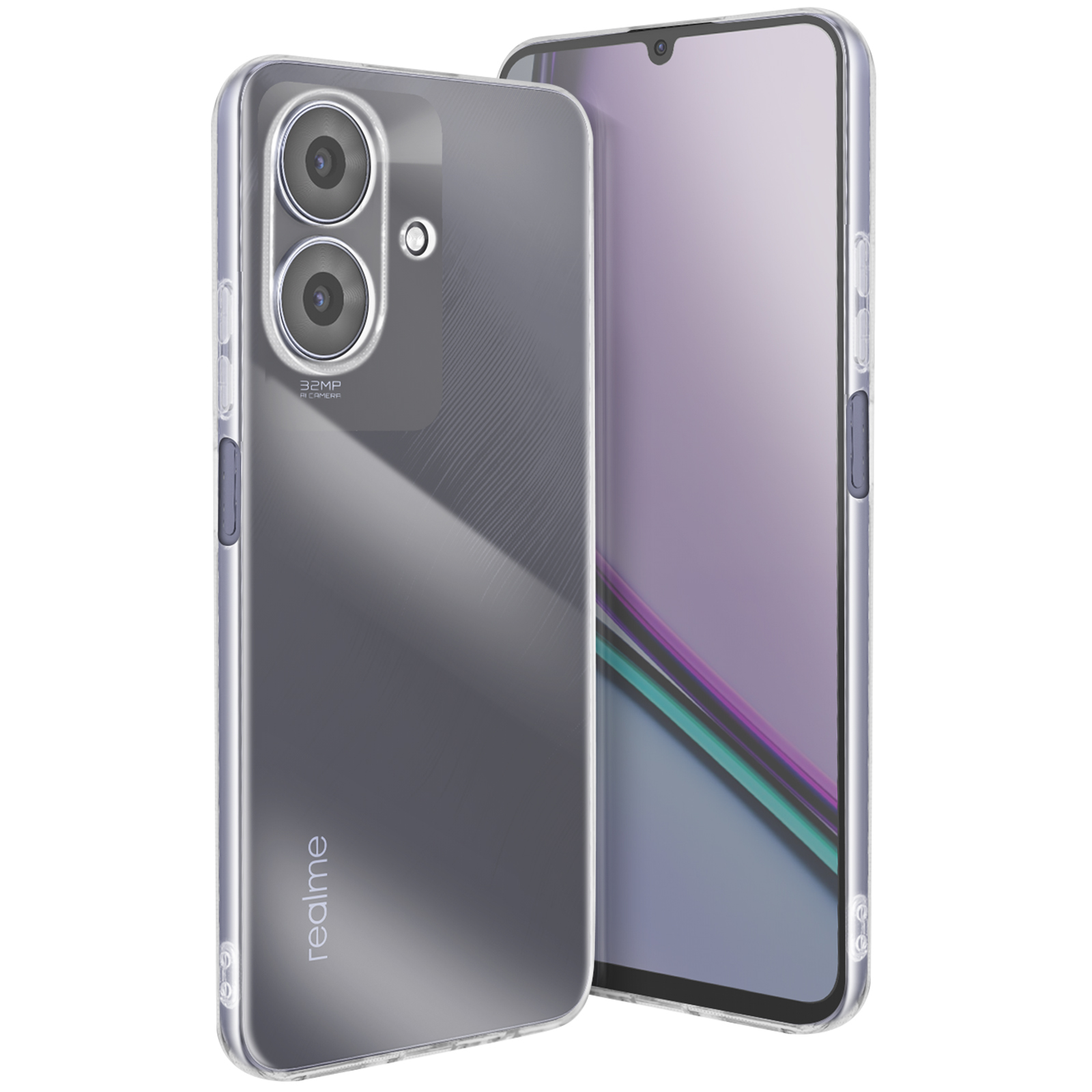 Uno smartphone con custodia trasparente. La custodia copre retro e lati. Schermo acceso. Doppia fotocamera visibile.