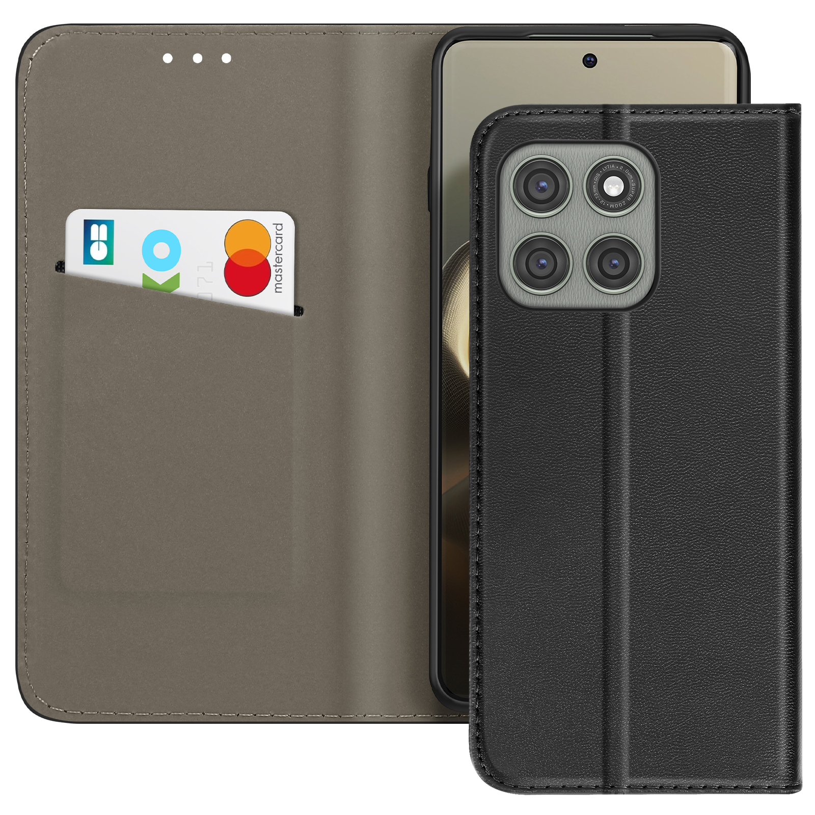 Étui de téléphone noir avec un téléphone à l'intérieur. Une carte de crédit est dans la poche. L'étui est ouvert.