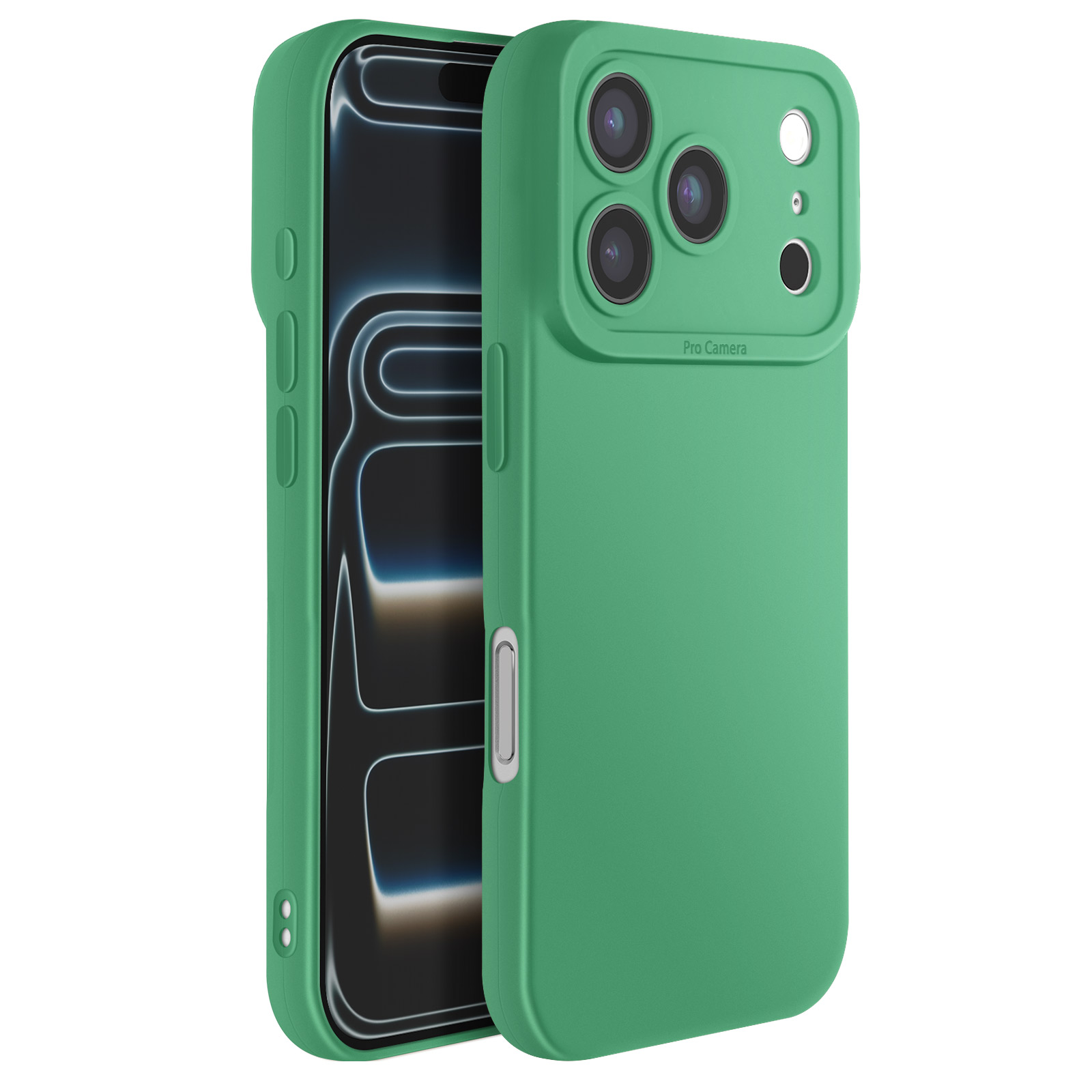 Un étui de téléphone vert est ouvert, révélant un écran noir avec un contour blanc. L'étui comporte trois caméras et un flash.