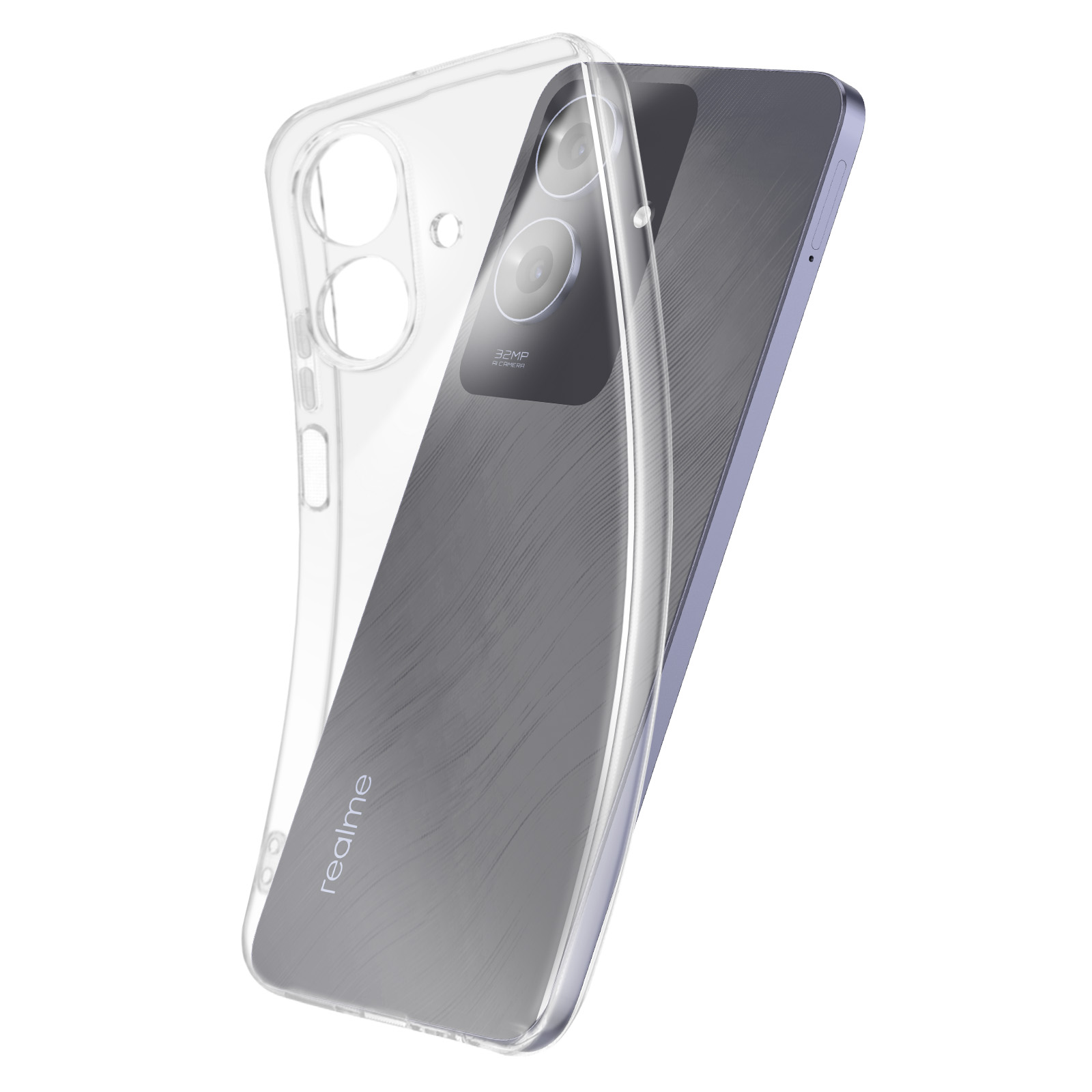 Uno smartphone con custodia trasparente. Il telefono è grigio con una configurazione a doppia fotocamera. La custodia è trasparente.