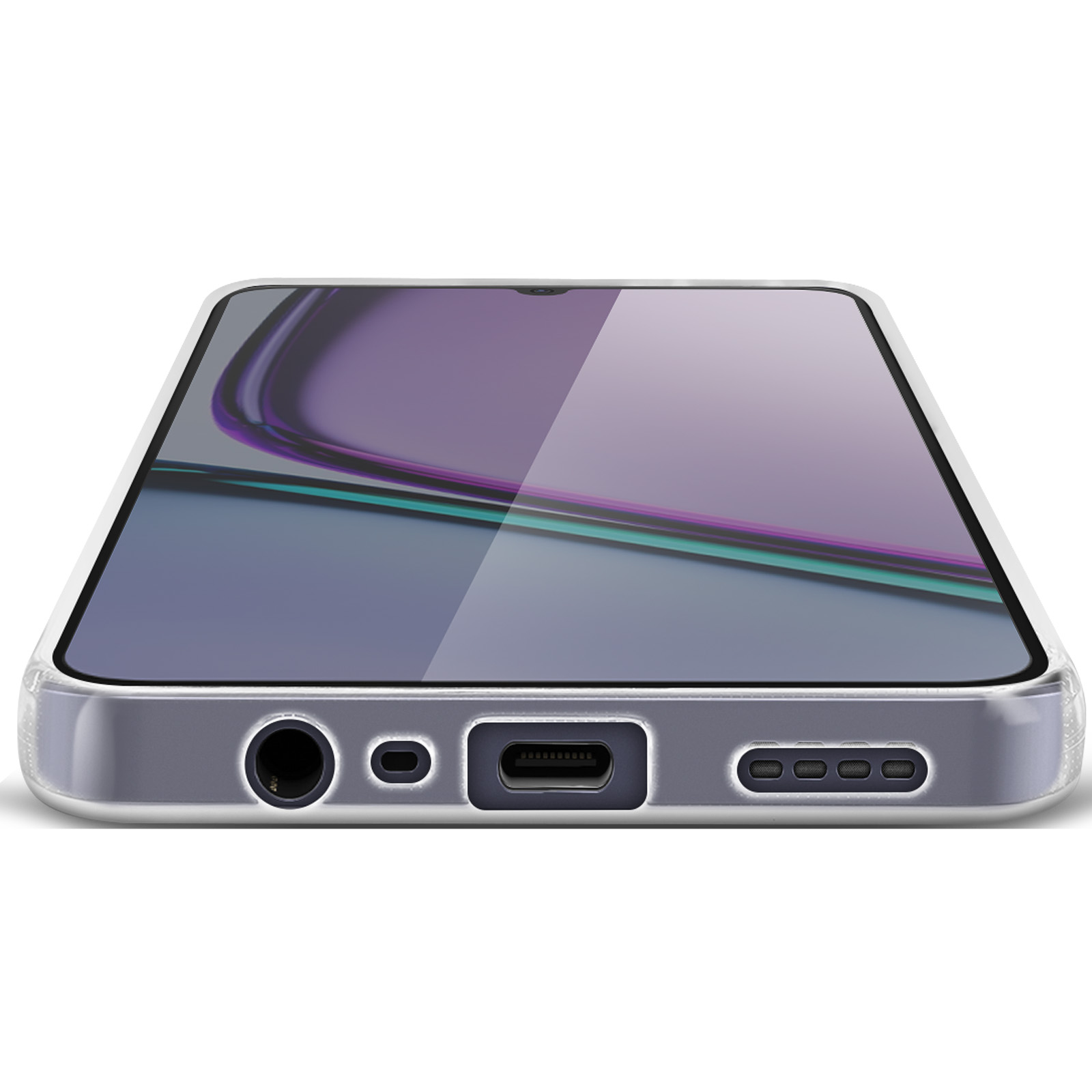 Uno smartphone in una custodia trasparente, con un display che mostra un design viola e verde acqua. La parte inferiore ha porte.