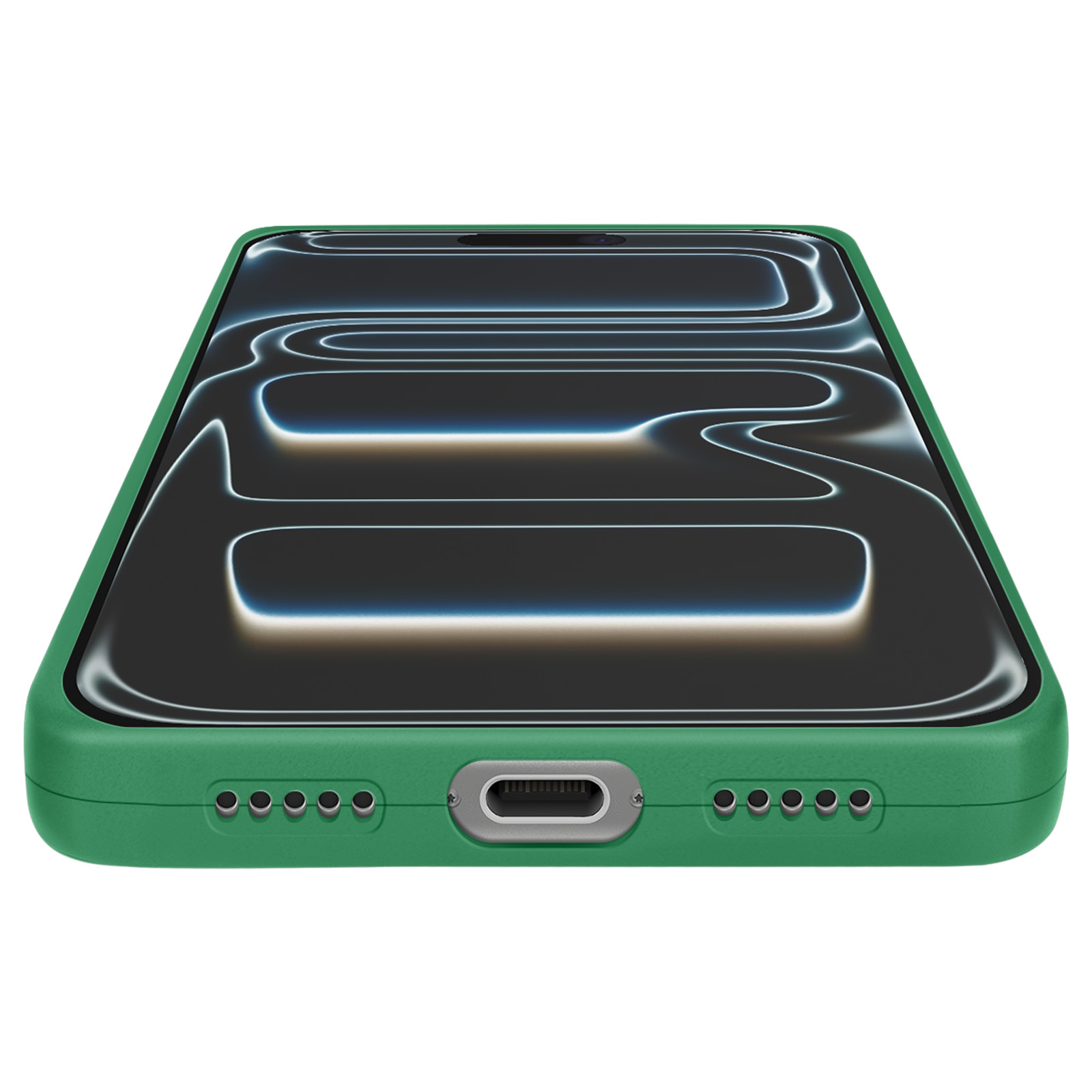 Une coque de téléphone verte avec un écran affichant un design néon. Le boîtier a des trous et un port de chargement.