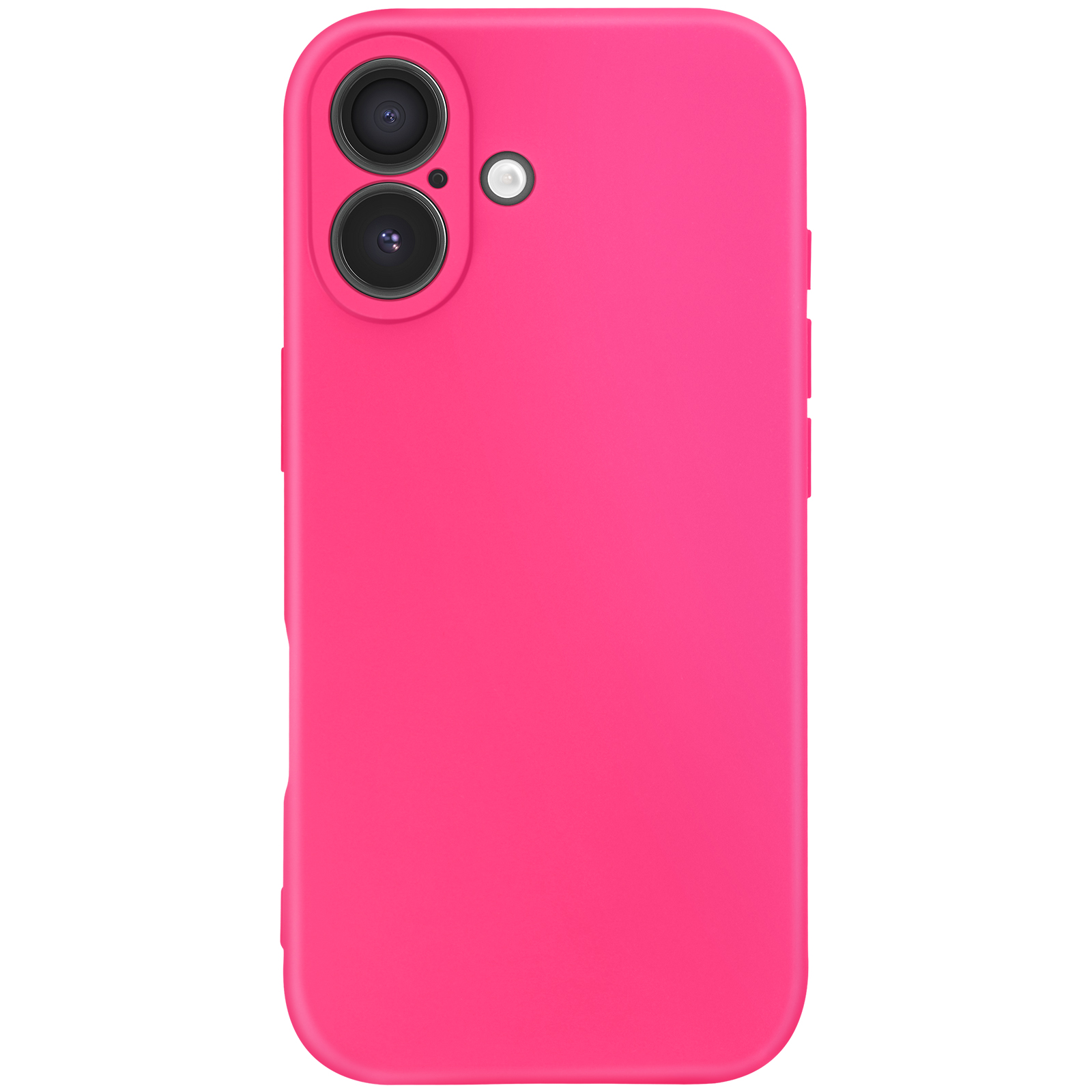 Een felroze telefoonhoesje met twee cameralenzen en een flitser aan de bovenkant. Witte achtergrond.
