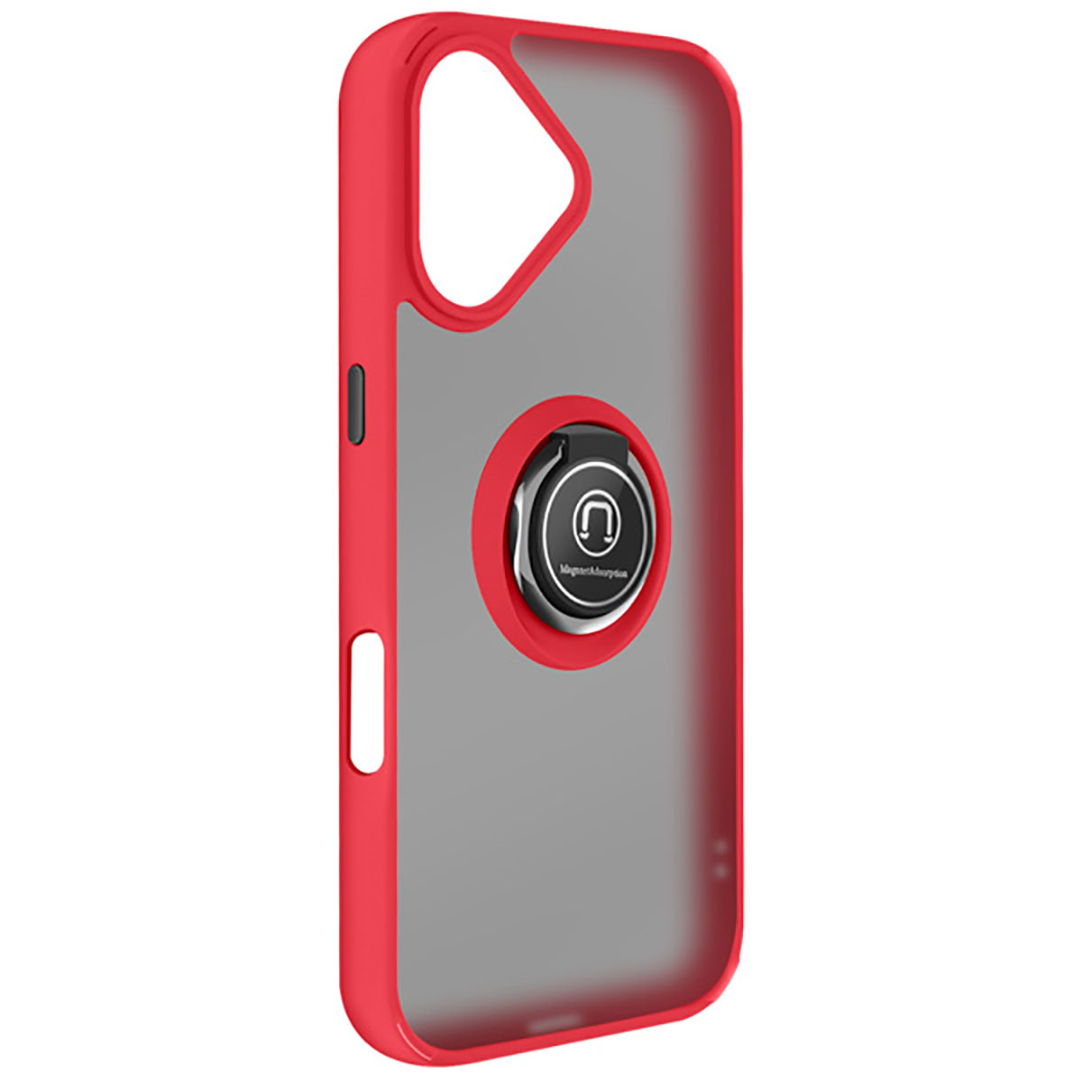 Una custodia per telefono rossa con retro trasparente e un supporto ad anello magnetico. L'anello è nero e argento con un'icona delle cuffie.