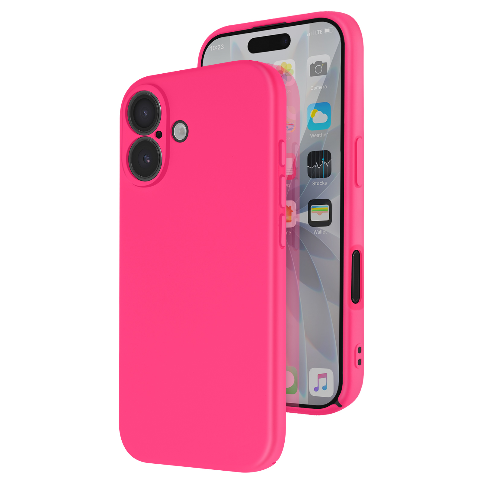 Een roze telefoon zit in een roze hoesje. De telefoon toont apps en de tijd is 10:23. Witte achtergrond.