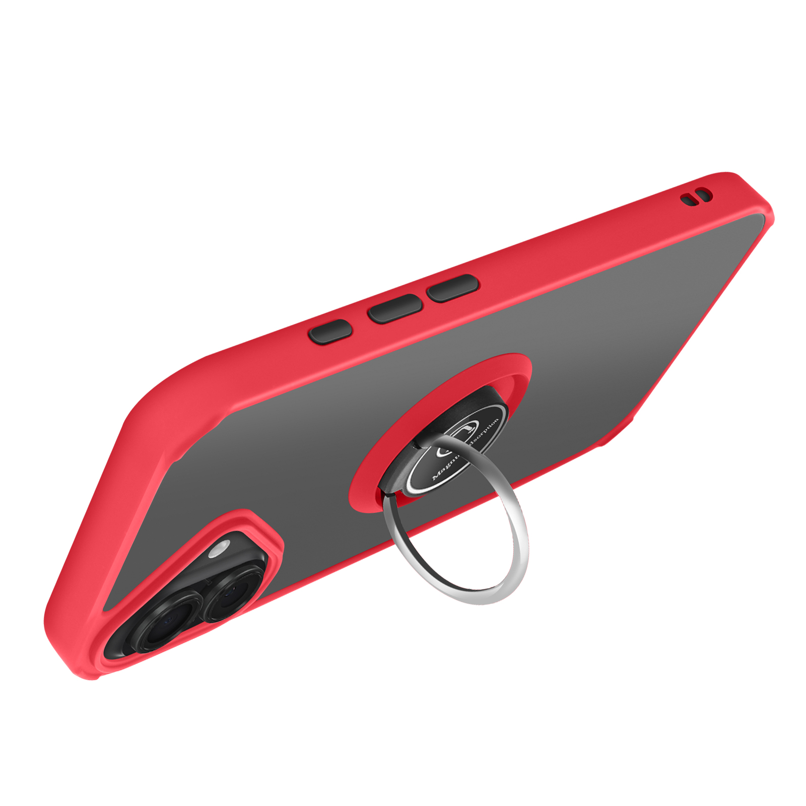 Una custodia rossa per telefono con retro grigio. Sono visibili un anello argentato e una fotocamera.