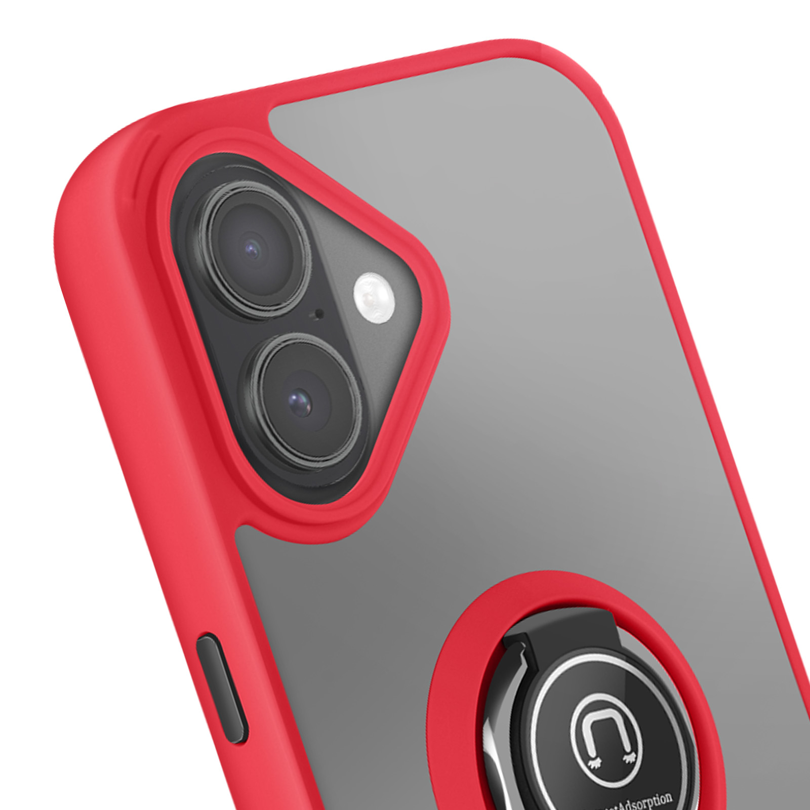 Primo piano di una custodia rossa per telefono con retro grigio e lenti della fotocamera nere. Un anello magnetico è attaccato alla custodia.