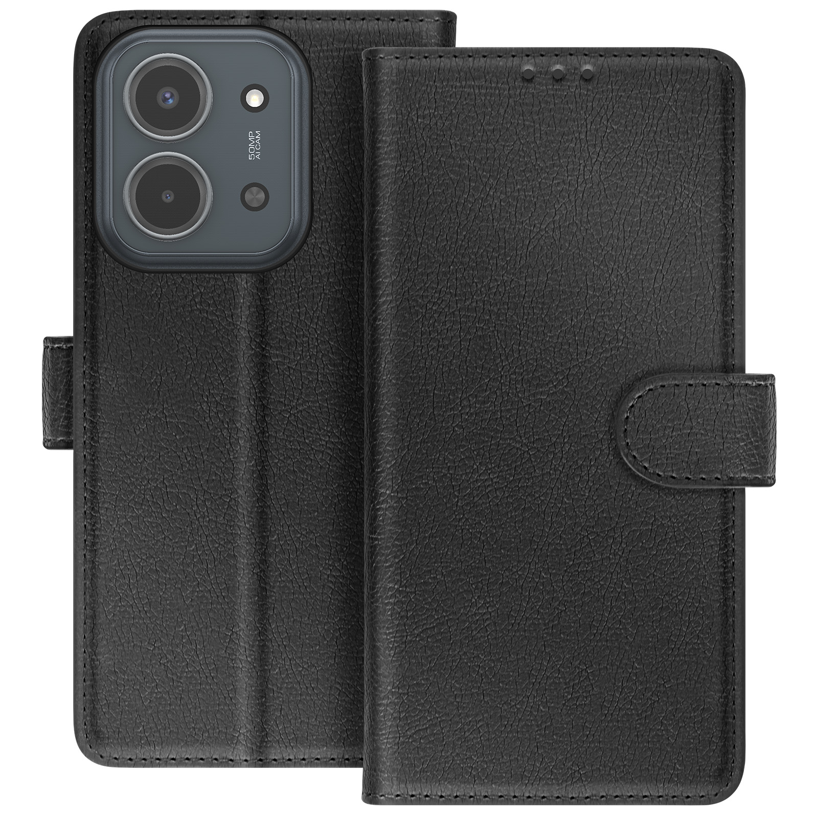 Un étui de téléphone en cuir noir avec fermeture magnétique est présenté. La caméra du téléphone est visible sur le côté gauche.