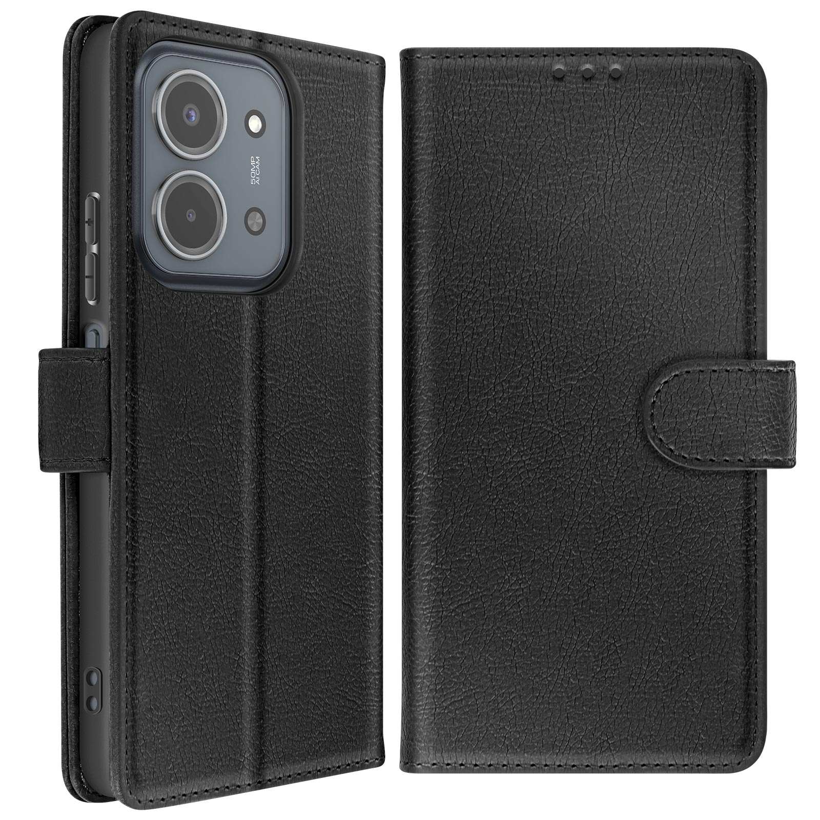 Un étui de téléphone en cuir noir avec une découpe pour l'appareil photo. L'étui est fermé et possède une fermeture magnétique.