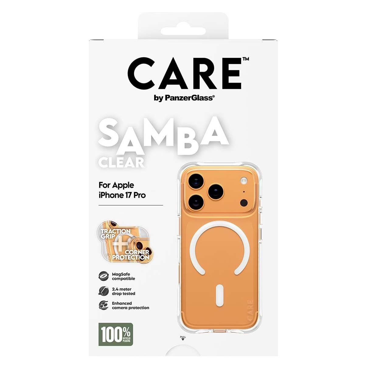 iPhone 17 Pro için turuncu telefon kılıfı. Metin 'CARE', 'SAMBA CLEAR' şeklinde. Köşe koruması, MagSafe, düşme testi gibi özellikler.