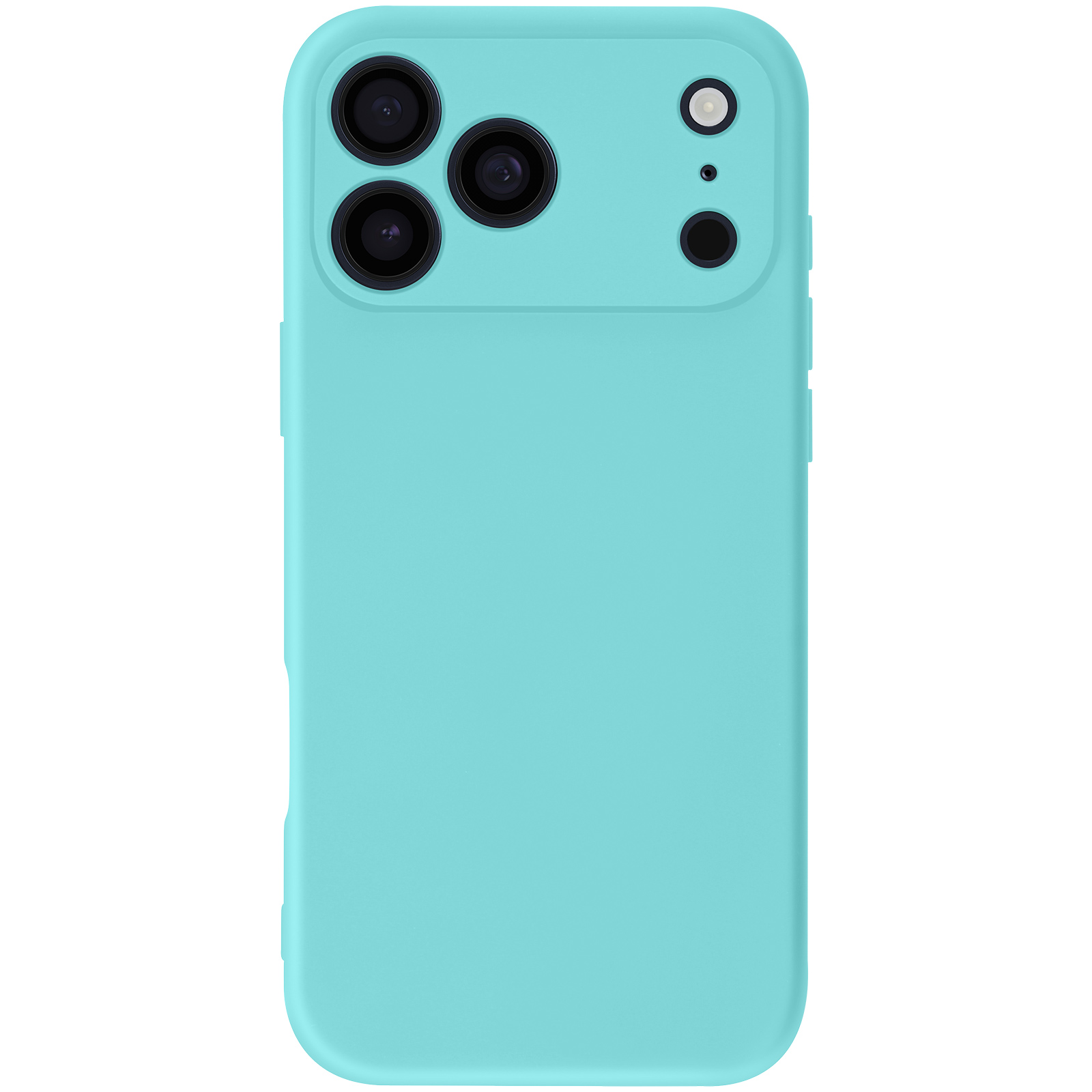 Une coque de téléphone bleu clair avec plusieurs lentilles de caméra. La coque est rectangulaire et couvre le téléphone.