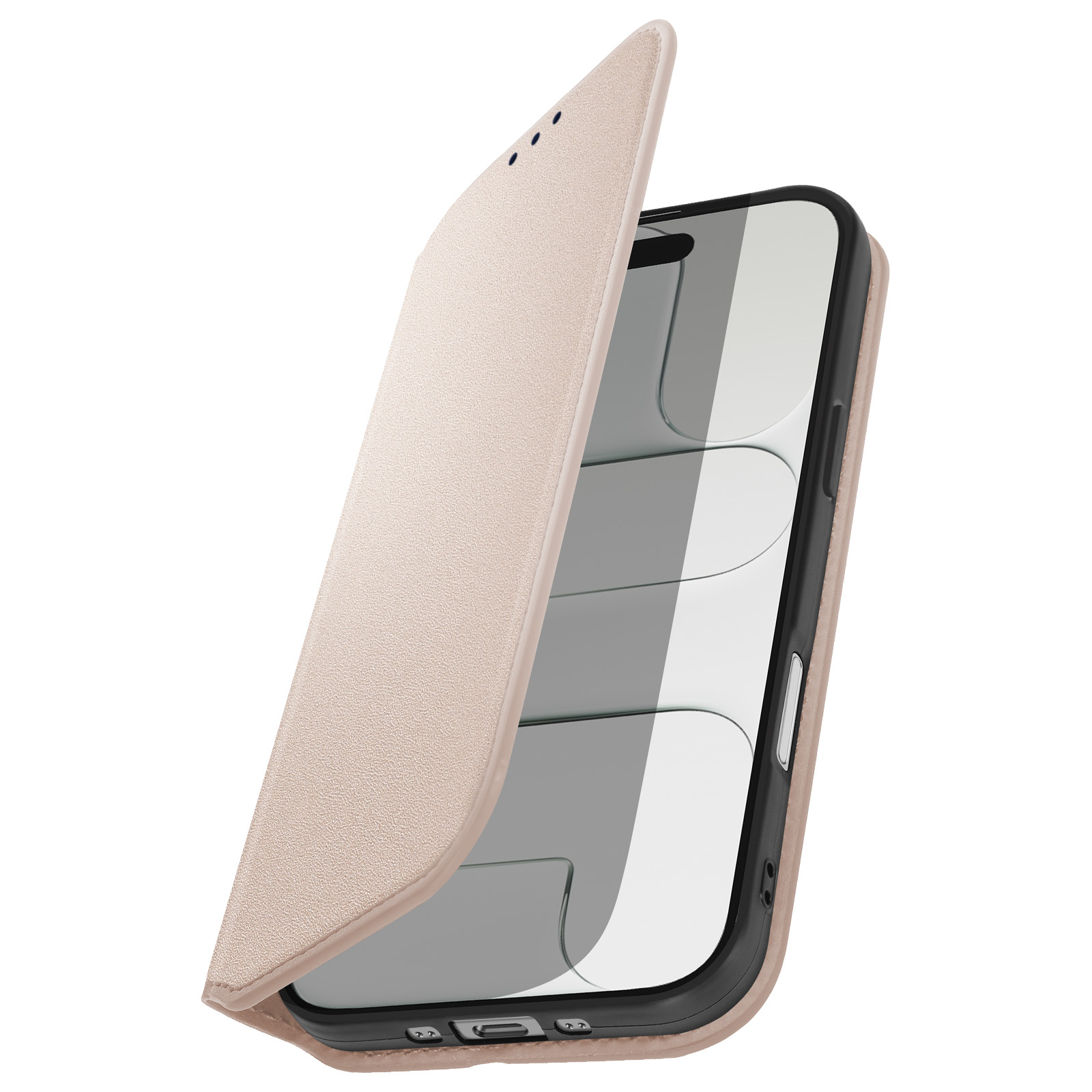 Una custodia beige per telefono è aperta, rivelando lo schermo del telefono. La custodia è strutturata. Il telefono è nero e ha uno schermo in vetro.