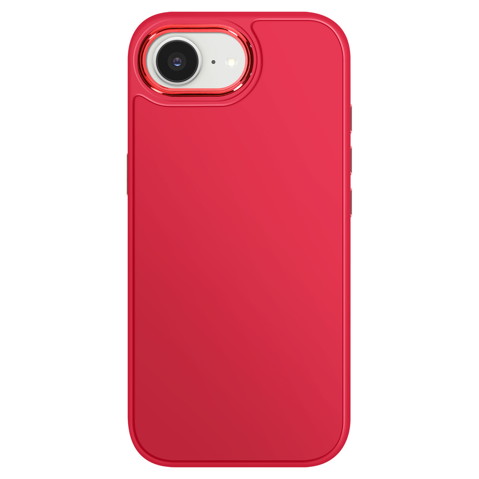 Una custodia rossa per telefono con un ritaglio per la fotocamera. La custodia è di colore rosso pieno, con un bordo rosso lucido attorno alla fotocamera.