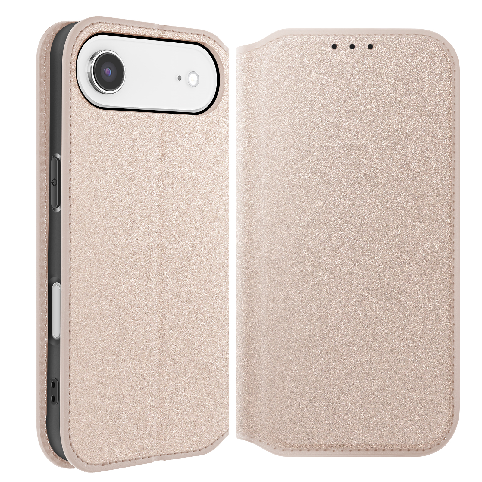 Una custodia rosa per telefono, aperta, che mostra un telefono. La custodia è in materiale strutturato, con un ritaglio per la fotocamera.