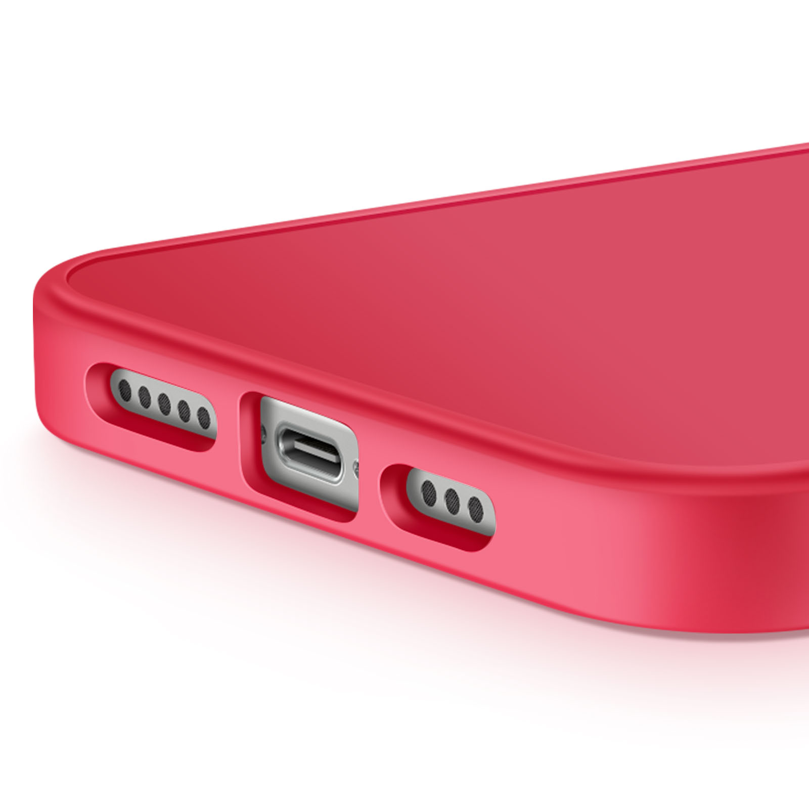 Primo piano di una custodia rossa per telefono. Sono visibili fori per altoparlanti, una porta di ricarica e il bordo della custodia, su sfondo bianco.