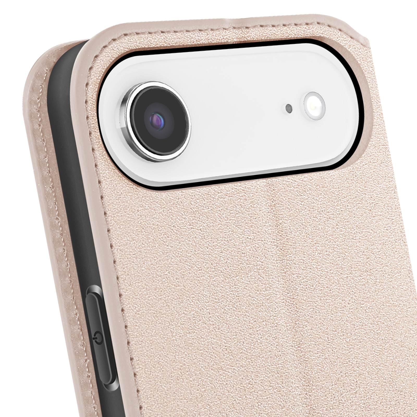 Primo piano di una custodia per telefono con fotocamera e pulsante di accensione. La custodia è beige e strutturata.